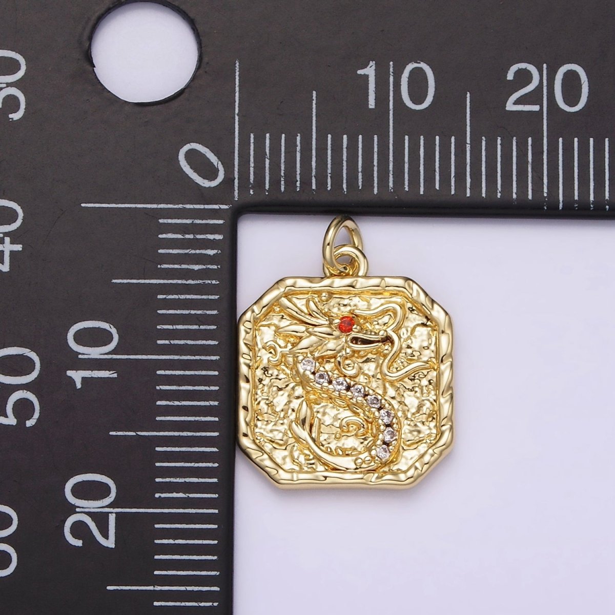 14K Gold Filled Red-Eyed CZ Dragon Micro Paved Hammered Hexagonal Charm | AG278 - DLUXCA