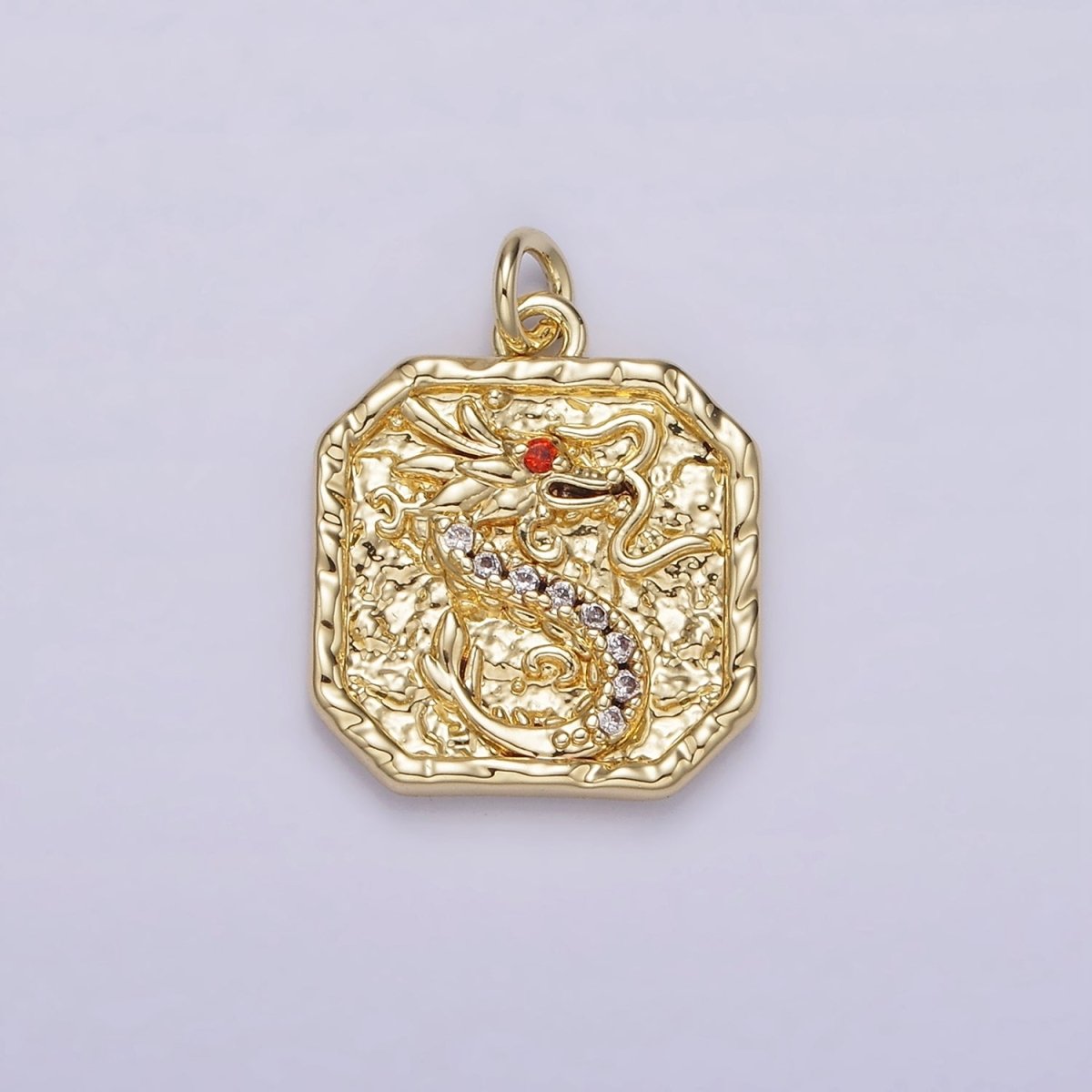 14K Gold Filled Red-Eyed CZ Dragon Micro Paved Hammered Hexagonal Charm | AG278 - DLUXCA