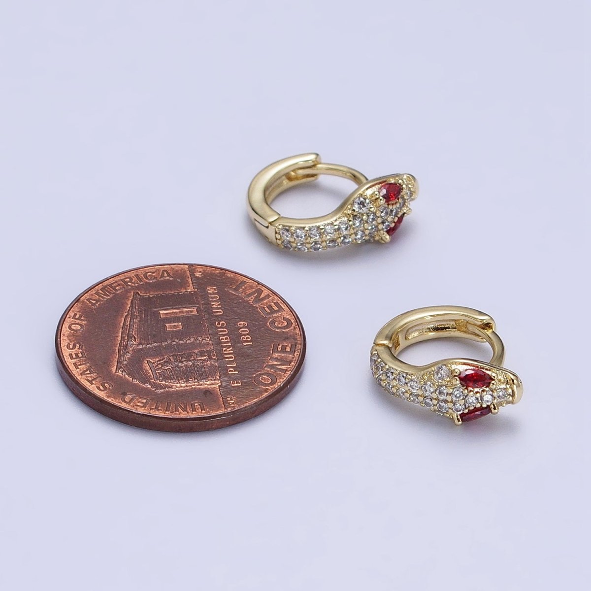 14K Gold Filled Red-Eyed Serpent Snake Clear Micro Paved CZ 12mm Cartilage Huggie Earrings | AB421 - DLUXCA