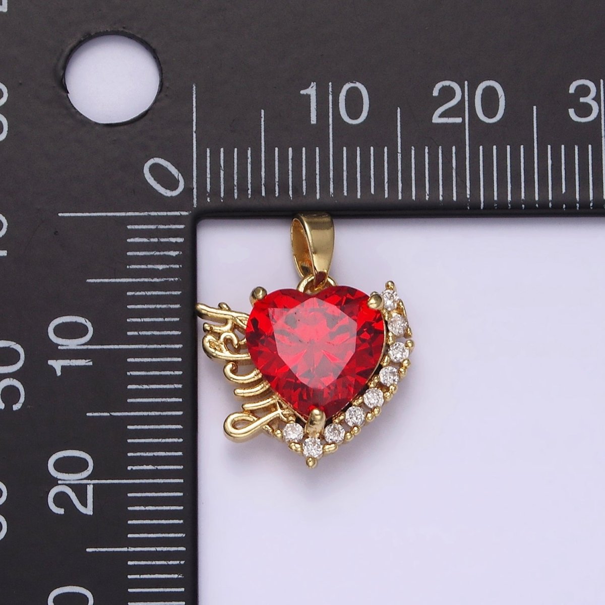 14K Gold Filled Red Heart CZ "Lucky" Script Micro Paved CZ Outline Pendant | N1826 - DLUXCA