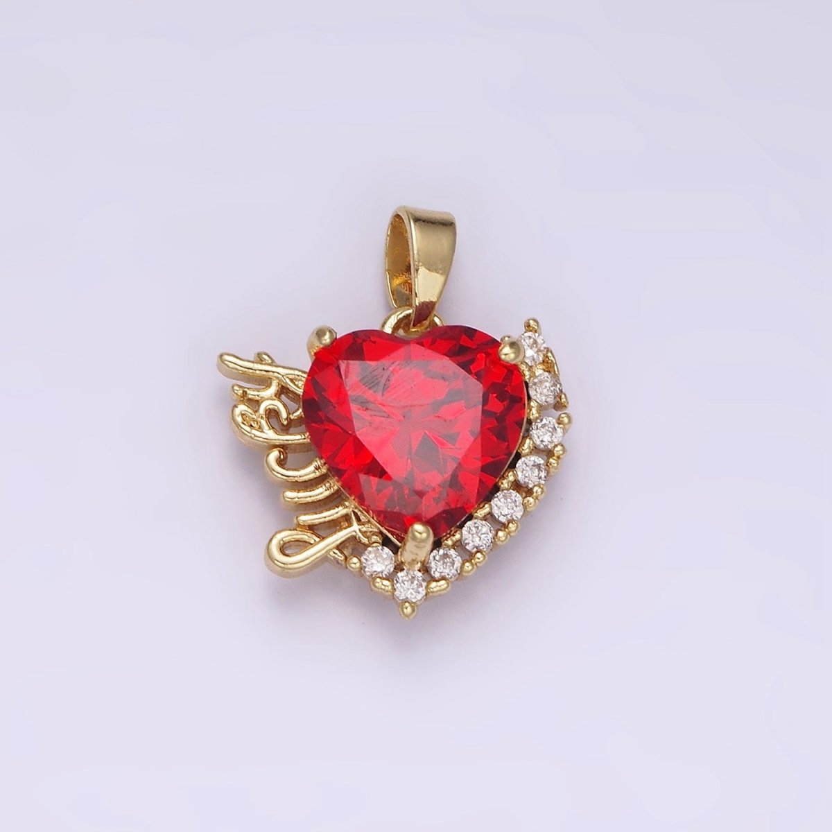 14K Gold Filled Red Heart CZ "Lucky" Script Micro Paved CZ Outline Pendant | N1826 - DLUXCA