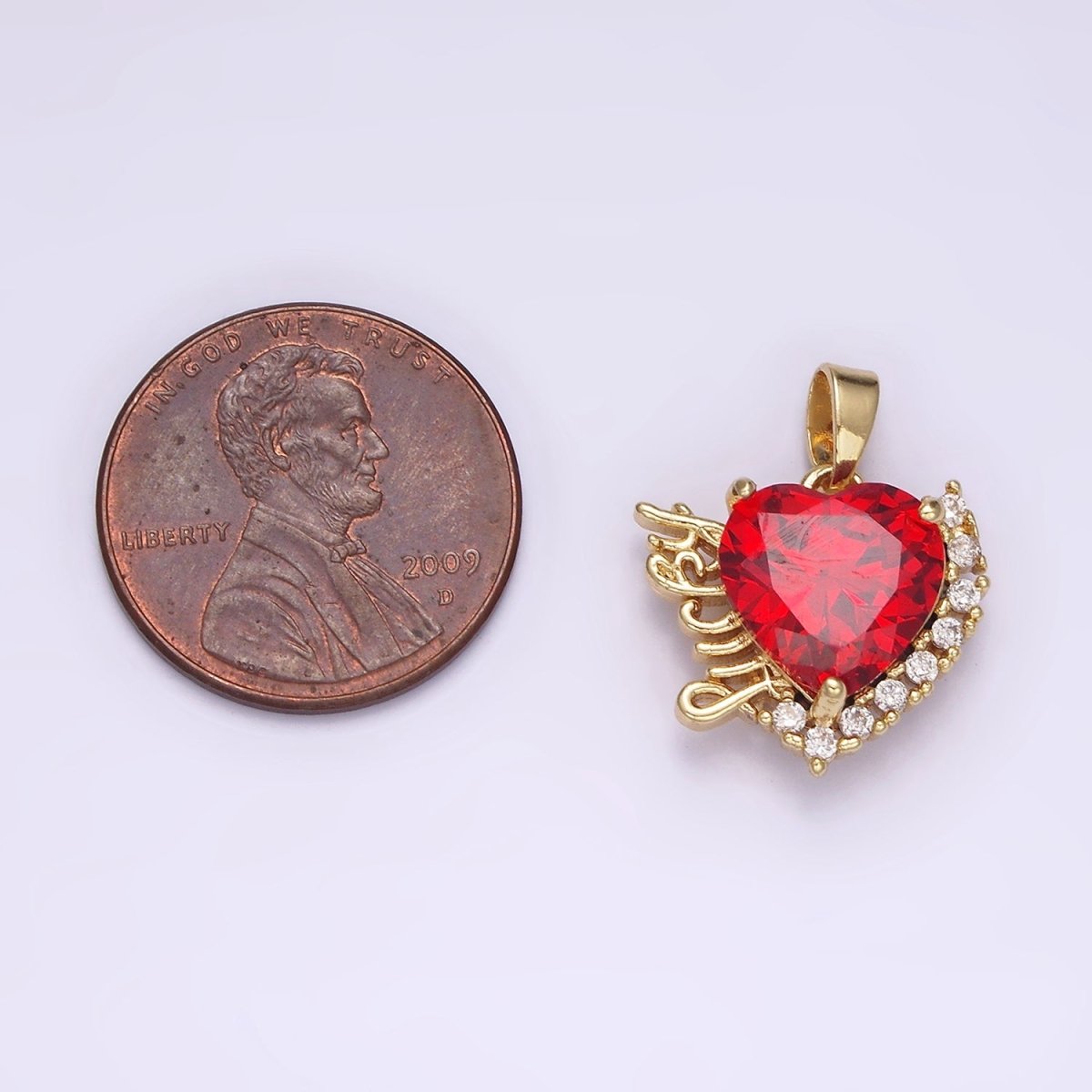 14K Gold Filled Red Heart CZ "Lucky" Script Micro Paved CZ Outline Pendant | N1826 - DLUXCA