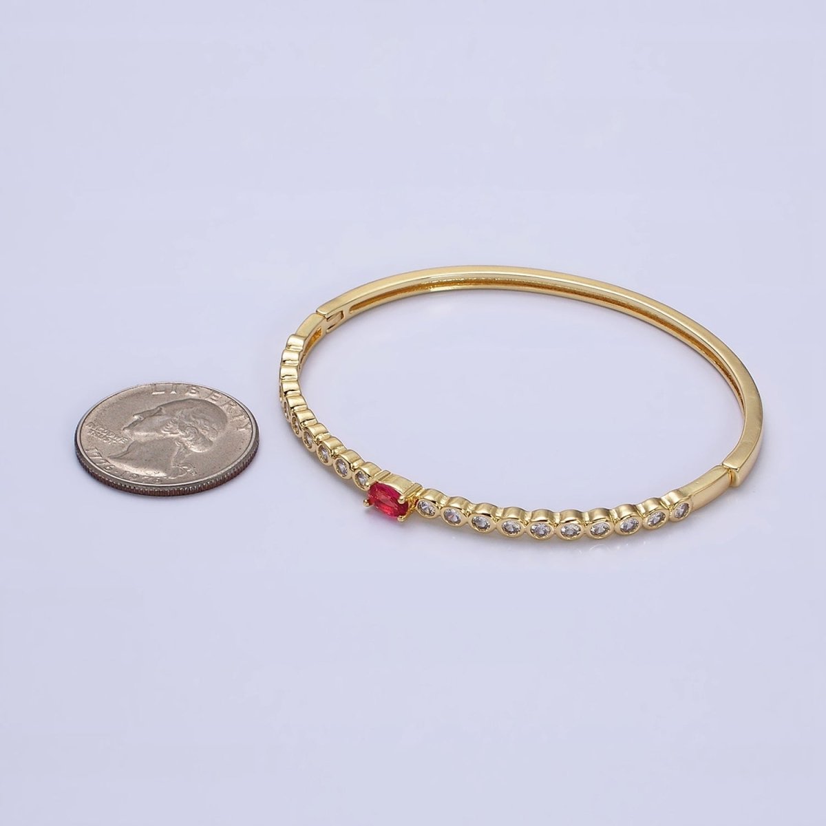 14K Gold Filled Red Oval CZ Round Clear Bezel Hinge Bangle Bracelet | WA-1754 Clearance Pricing - DLUXCA