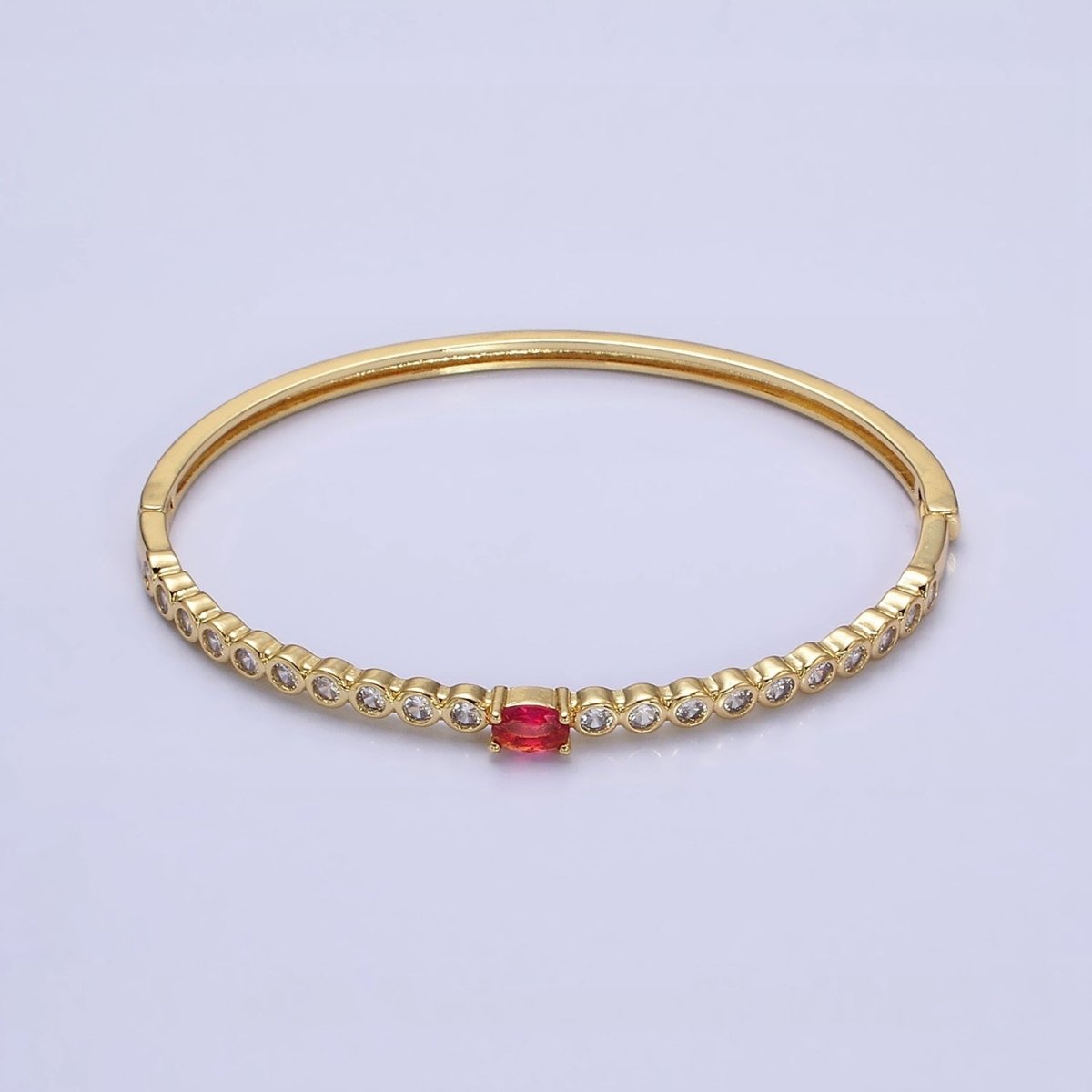 14K Gold Filled Red Oval CZ Round Clear Bezel Hinge Bangle Bracelet | WA-1754 Clearance Pricing - DLUXCA