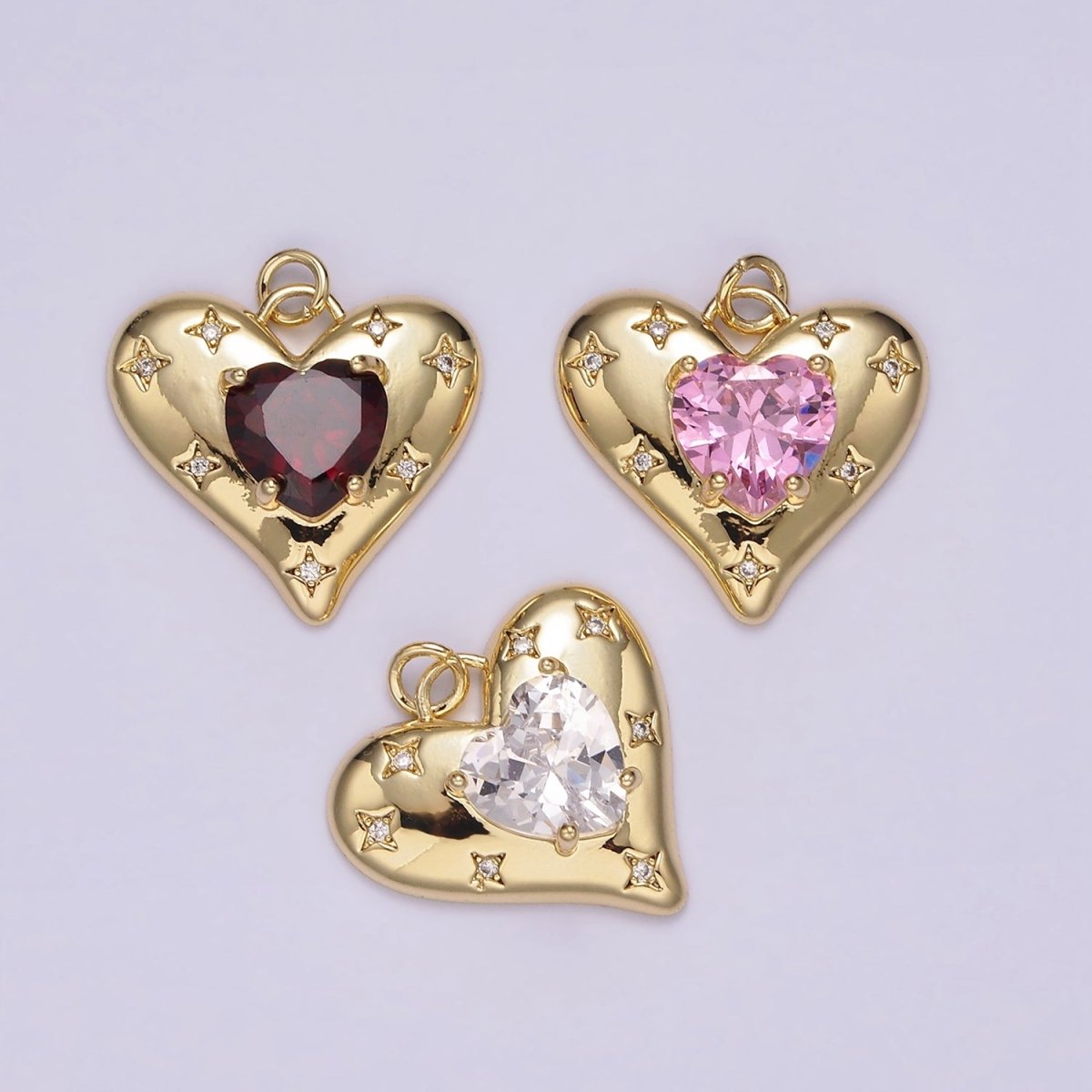 14K Gold Filled Red, Pink, Clear CZ Celestial Stars Heart Charm | AG500 - AG502 - DLUXCA