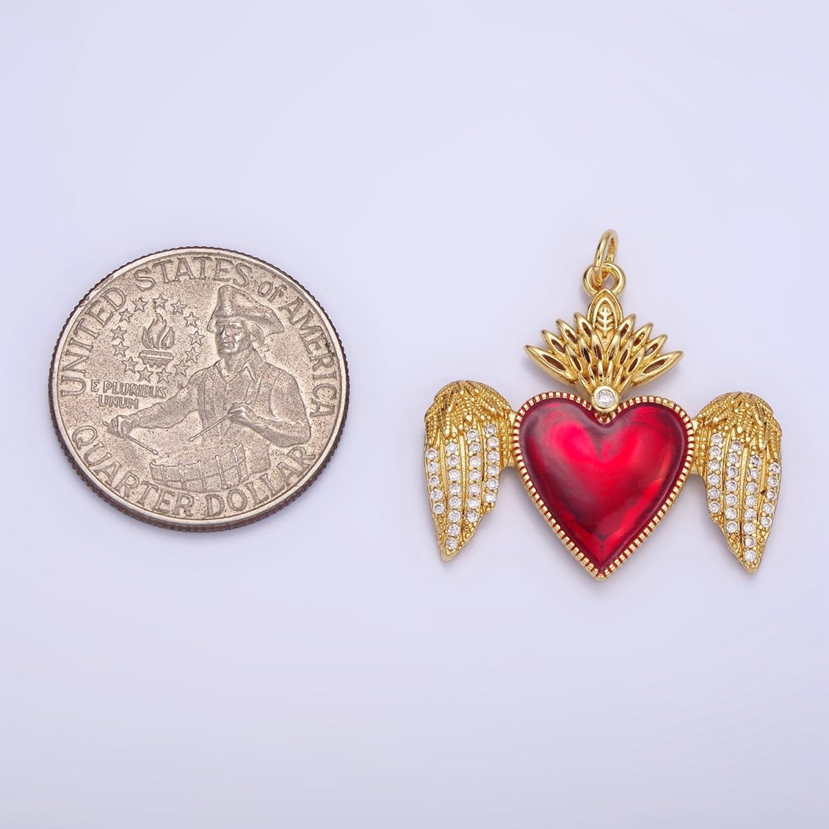 14K Gold Filled Red Sacred Heart Micro Paved CZ Feather Wings Charm | AG628 - DLUXCA