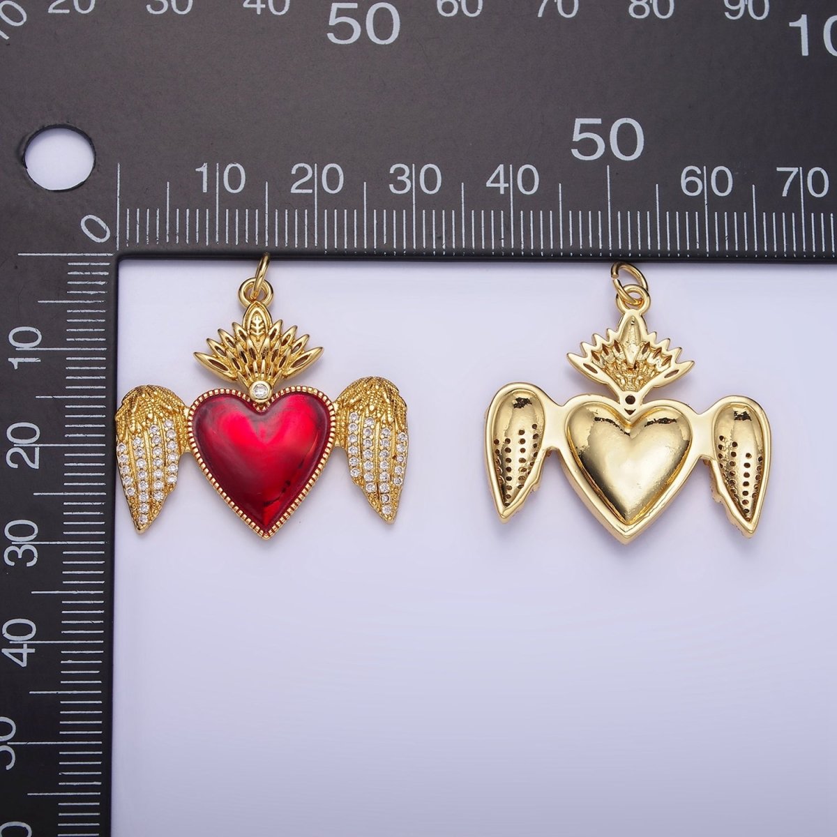 14K Gold Filled Red Sacred Heart Micro Paved CZ Feather Wings Charm | AG628 - DLUXCA