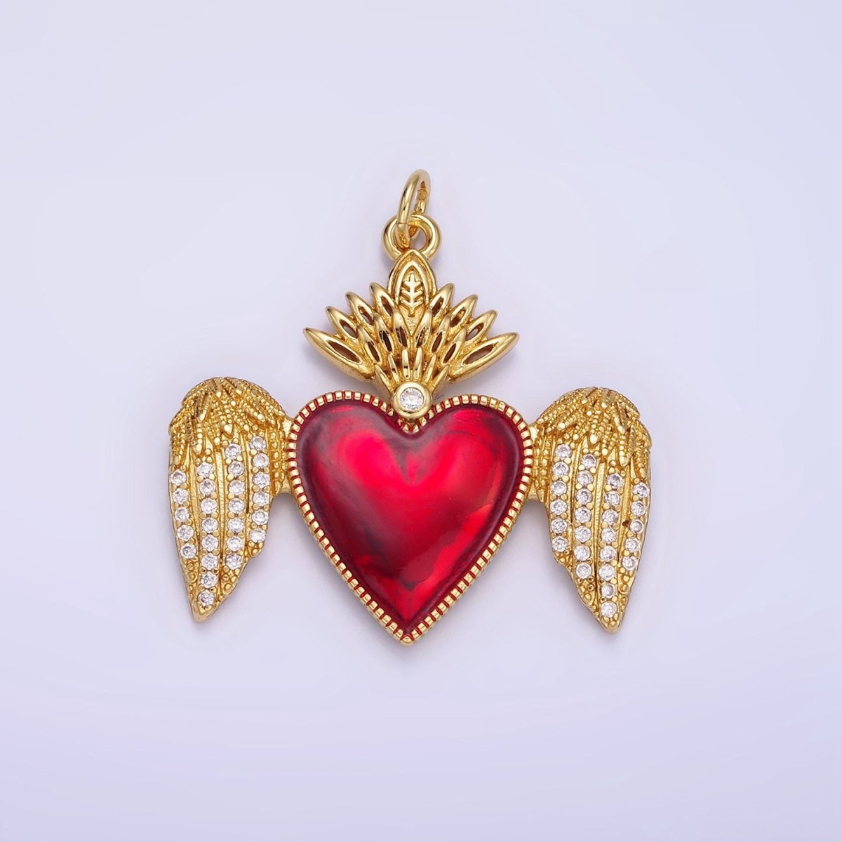 14K Gold Filled Red Sacred Heart Micro Paved CZ Feather Wings Charm | AG628 - DLUXCA