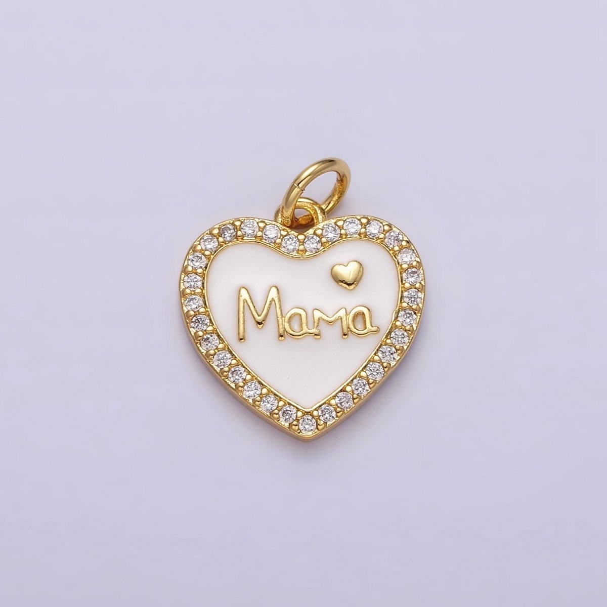 14K Gold Filled Red, White Enamel "Mama" Script Micro Paved CZ Heart Charm | AC1373 AC1374 - DLUXCA