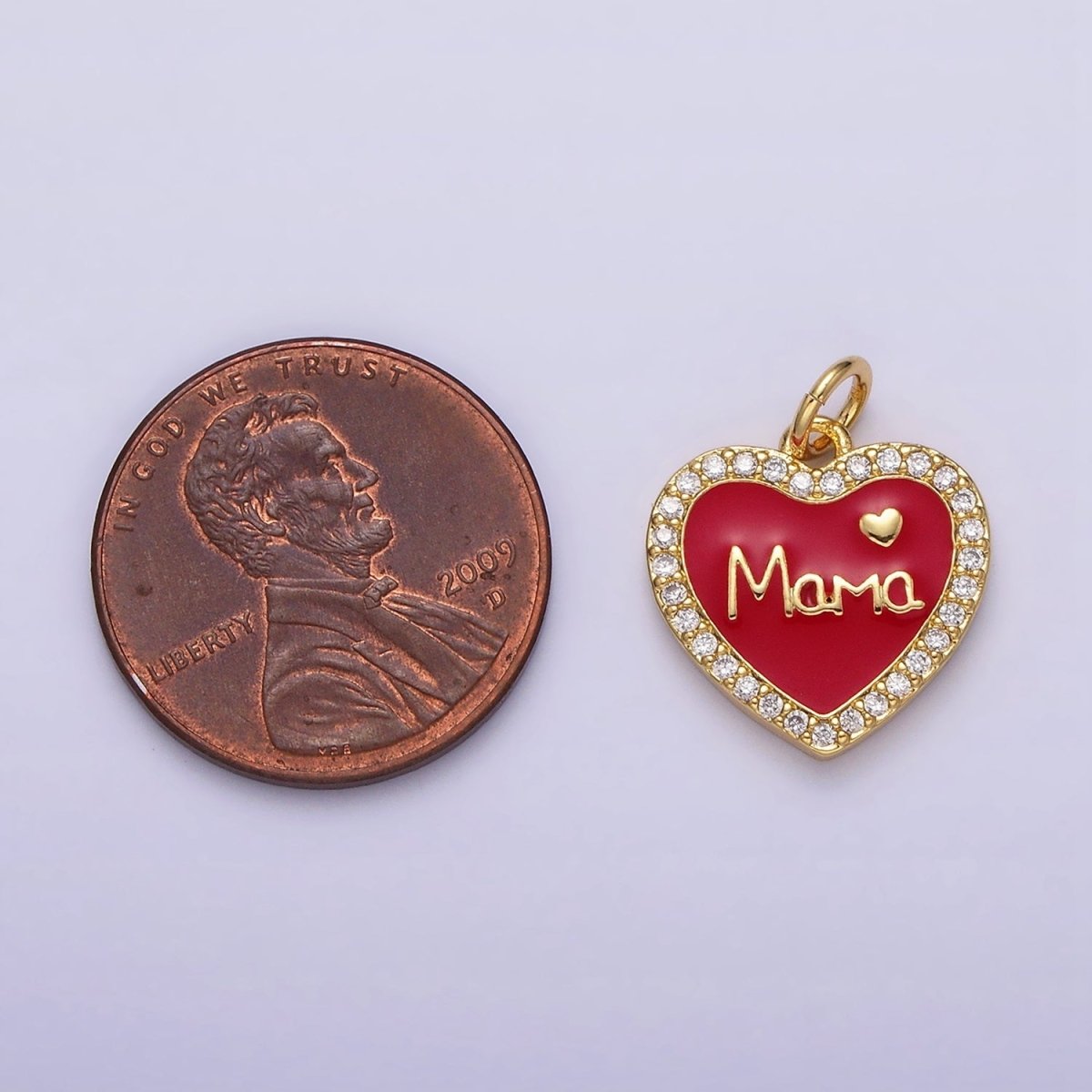 14K Gold Filled Red, White Enamel "Mama" Script Micro Paved CZ Heart Charm | AC1373 AC1374 - DLUXCA