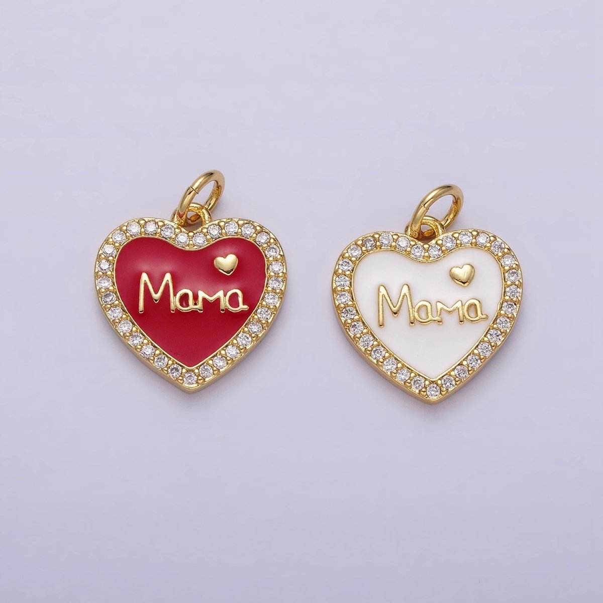 14K Gold Filled Red, White Enamel "Mama" Script Micro Paved CZ Heart Charm | AC1373 AC1374 - DLUXCA