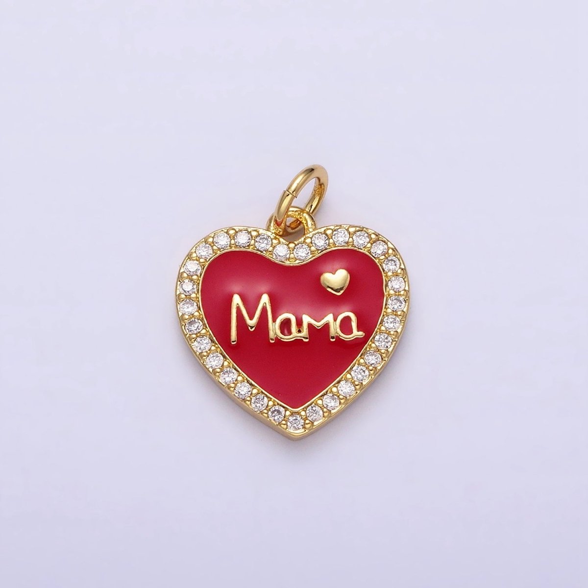 14K Gold Filled Red, White Enamel "Mama" Script Micro Paved CZ Heart Charm | AC1373 AC1374 - DLUXCA