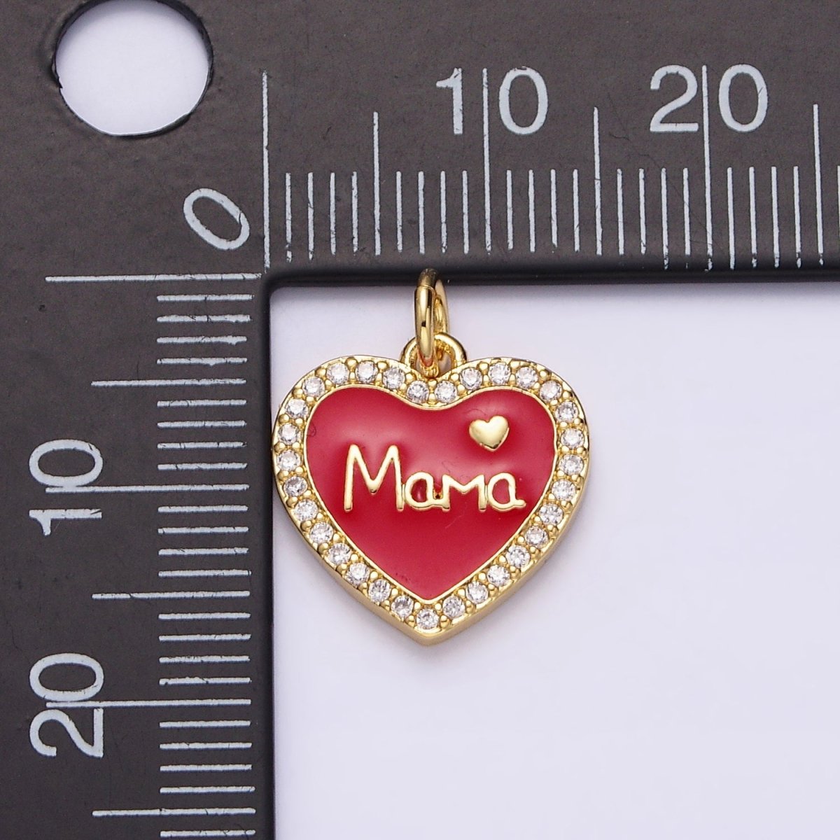 14K Gold Filled Red, White Enamel "Mama" Script Micro Paved CZ Heart Charm | AC1373 AC1374 - DLUXCA