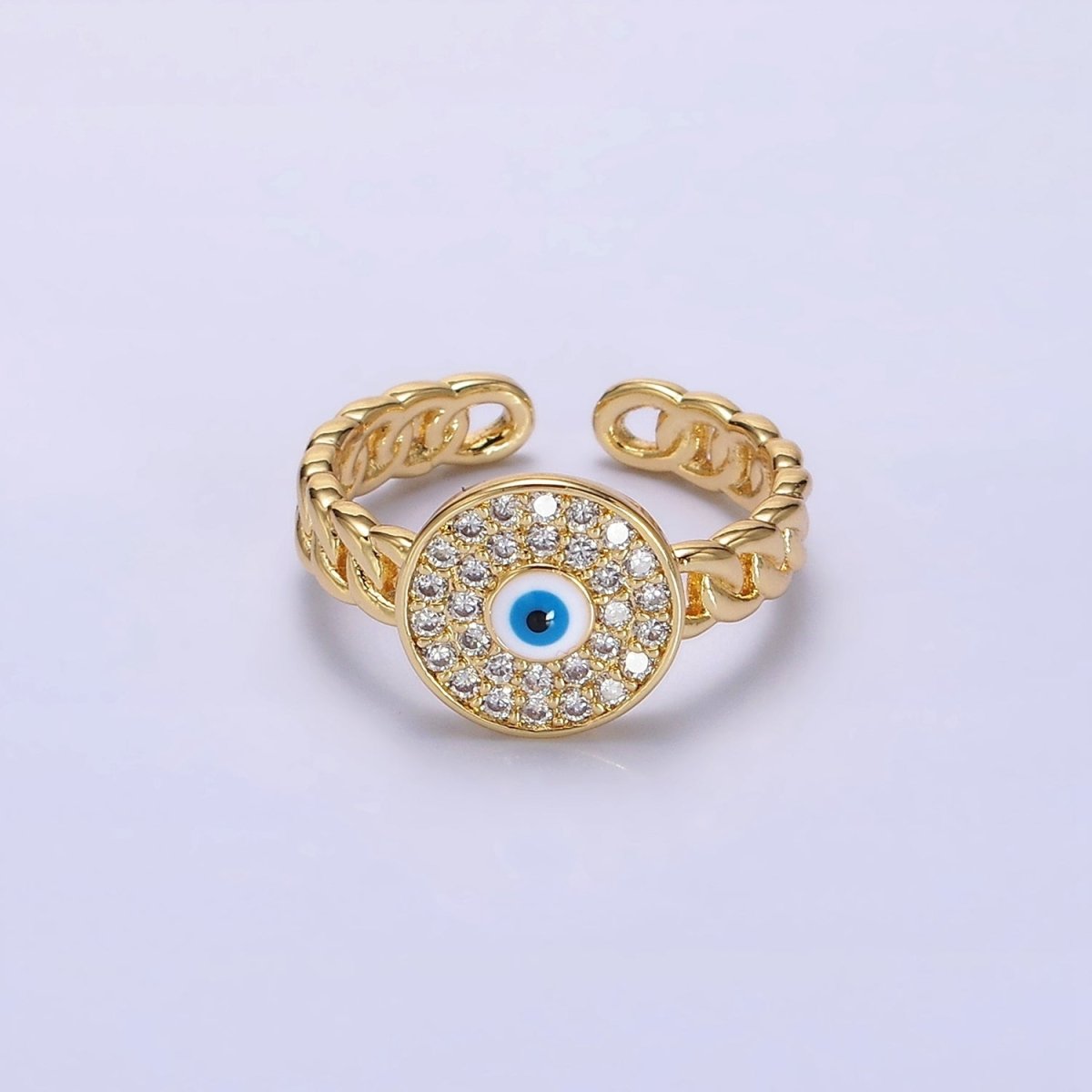 14K Gold Filled Red, White Evil Eye Enamel Round Clear Micro Paved CZ Curb Link Adjustable Ring | O-594 O-595 - DLUXCA