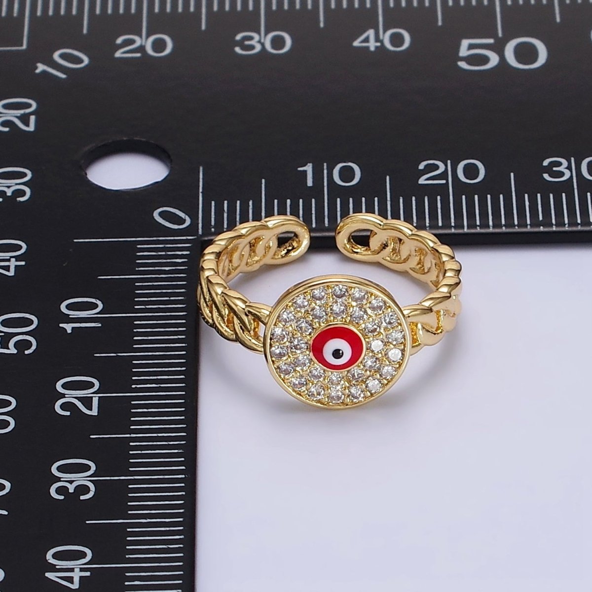 14K Gold Filled Red, White Evil Eye Enamel Round Clear Micro Paved CZ Curb Link Adjustable Ring | O-594 O-595 - DLUXCA