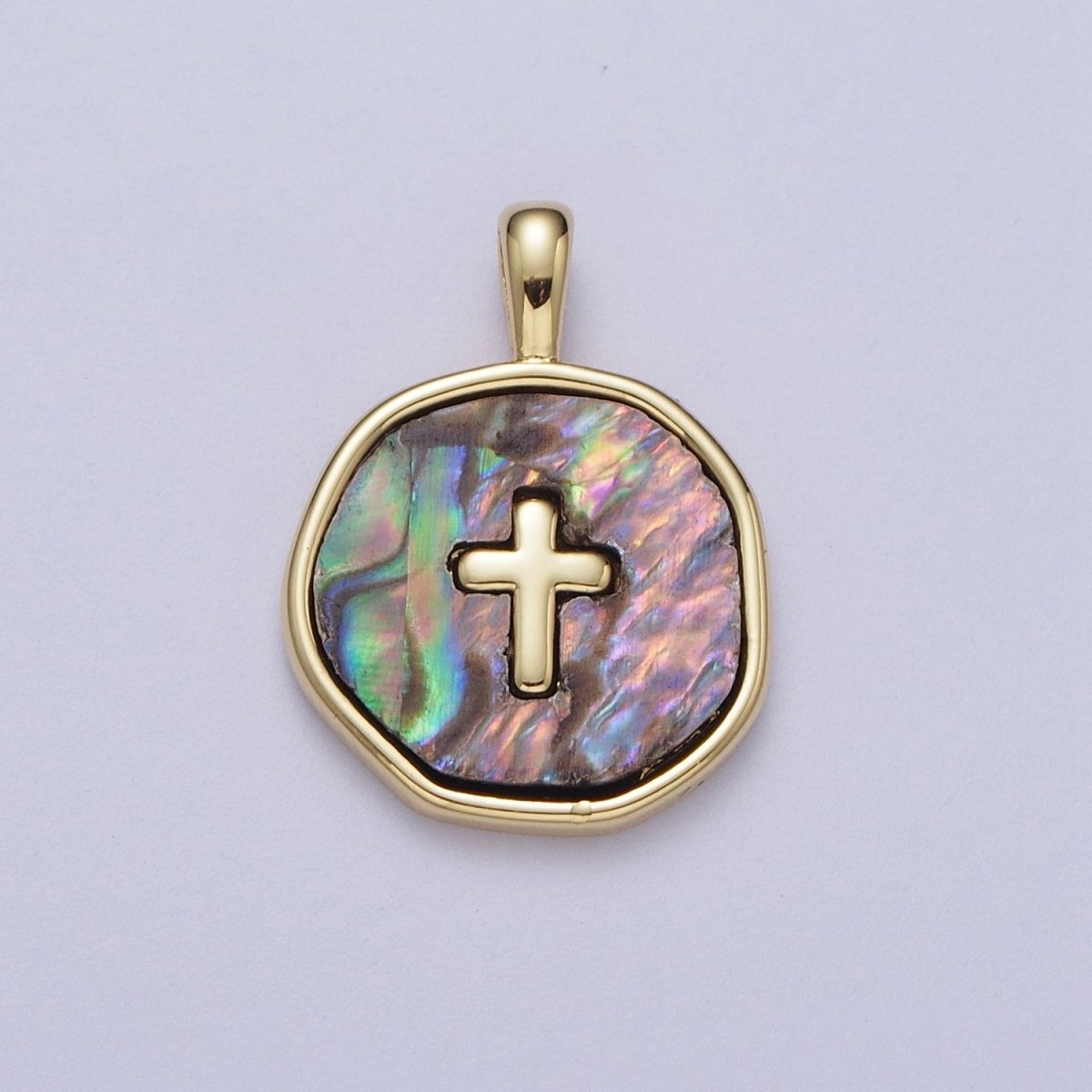 14K Gold Filled Religious Cross Shell Pearl, Abalone Round Pendant I-341 I-370 - DLUXCA