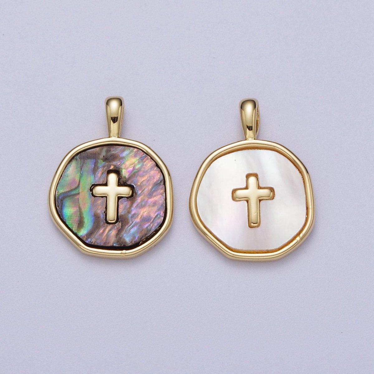 14K Gold Filled Religious Cross Shell Pearl, Abalone Round Pendant I-341 I-370 - DLUXCA