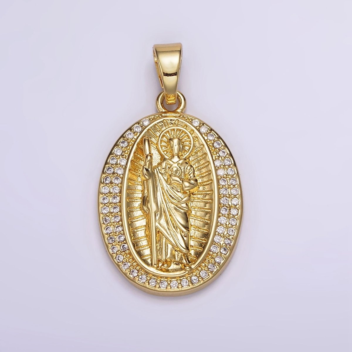 14K Gold Filled Religious Saint Jude Lined Clear Micro Paved CZ Oval Pendant | N1786 - DLUXCA