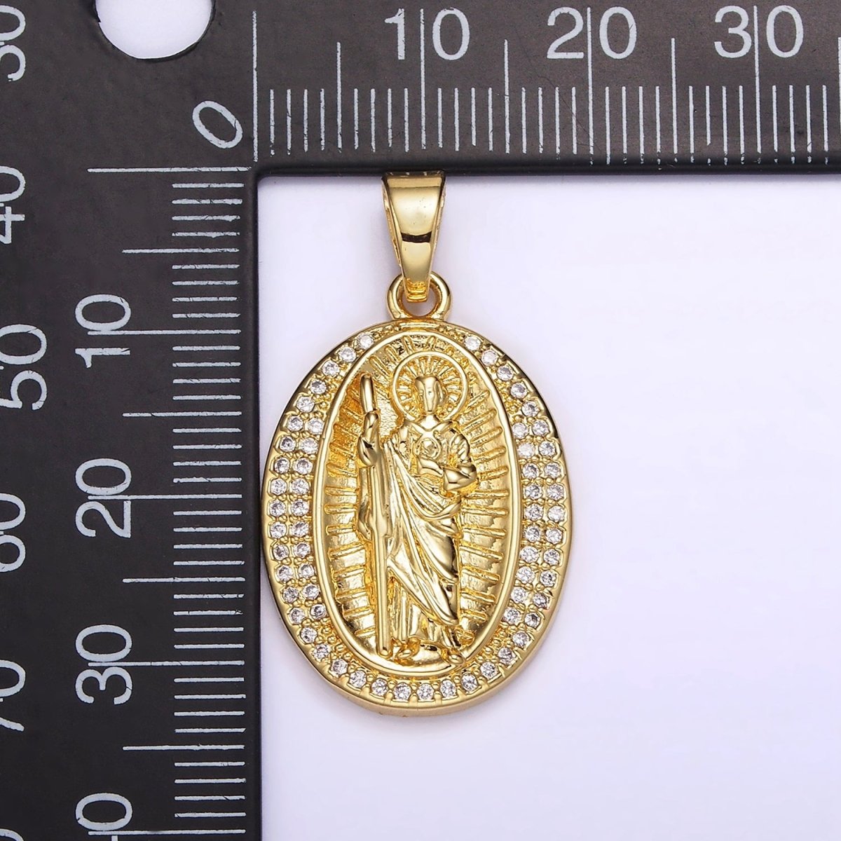 14K Gold Filled Religious Saint Jude Lined Clear Micro Paved CZ Oval Pendant | N1786 - DLUXCA