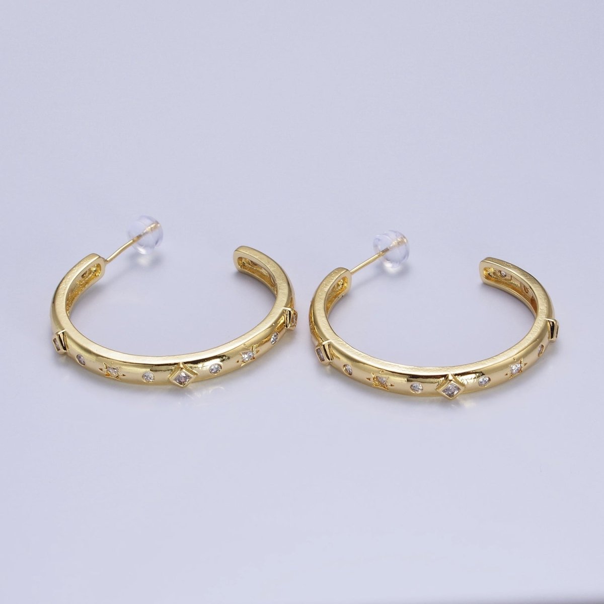 14K Gold Filled Rhombus Celestial Clear CZ 35mm C-Shaped Hoop Earrings | AB210 - DLUXCA