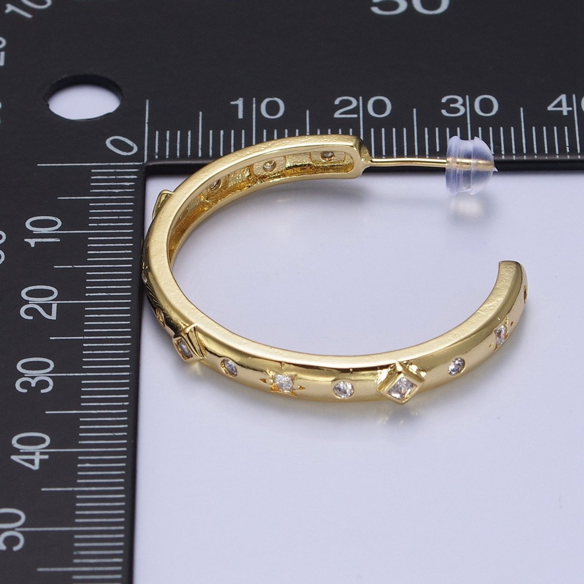 14K Gold Filled Rhombus Celestial Clear CZ 35mm C-Shaped Hoop Earrings | AB210 - DLUXCA