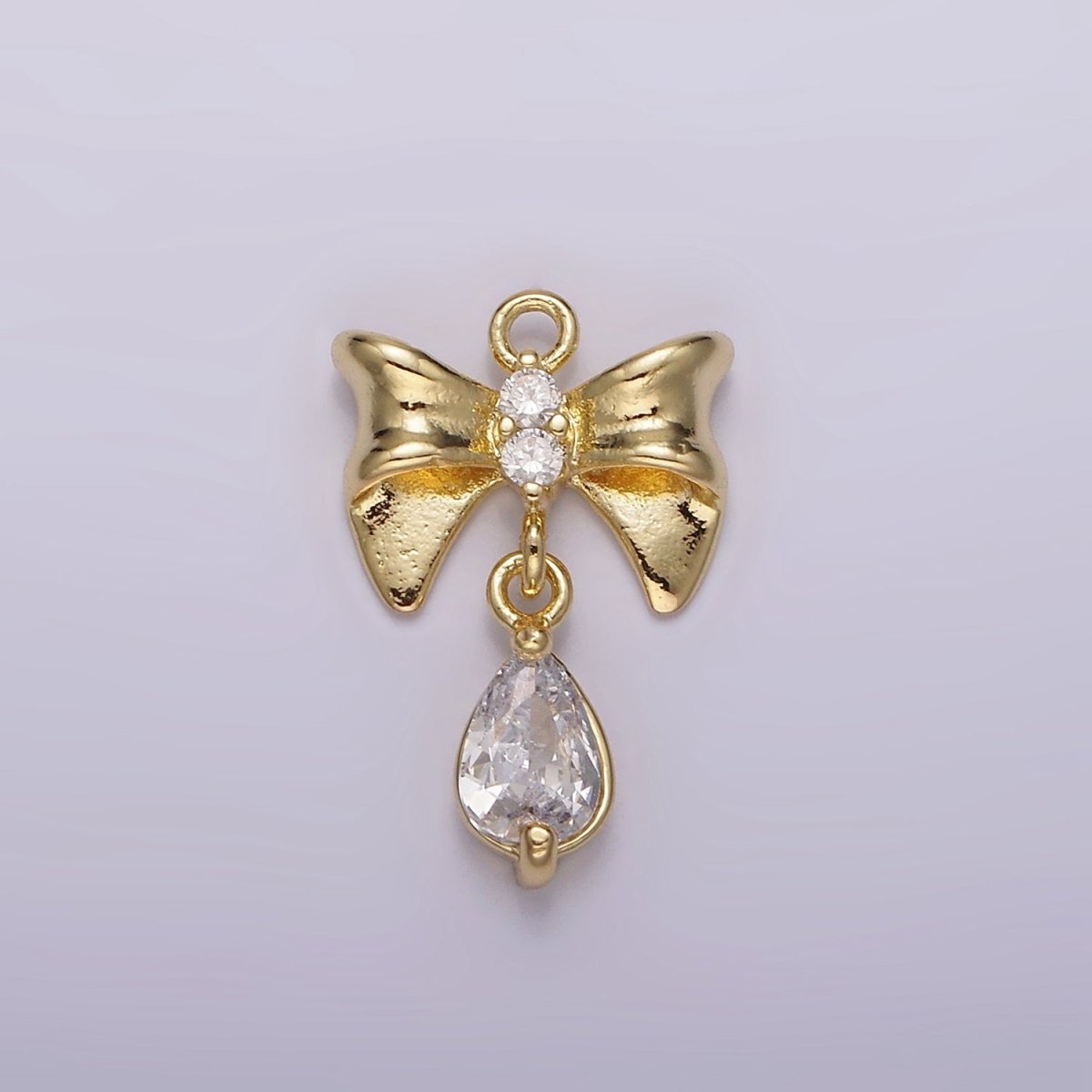 14K Gold Filled Ribbon Bow Clear Teardrop CZ Drop Charm | AG615 - DLUXCA