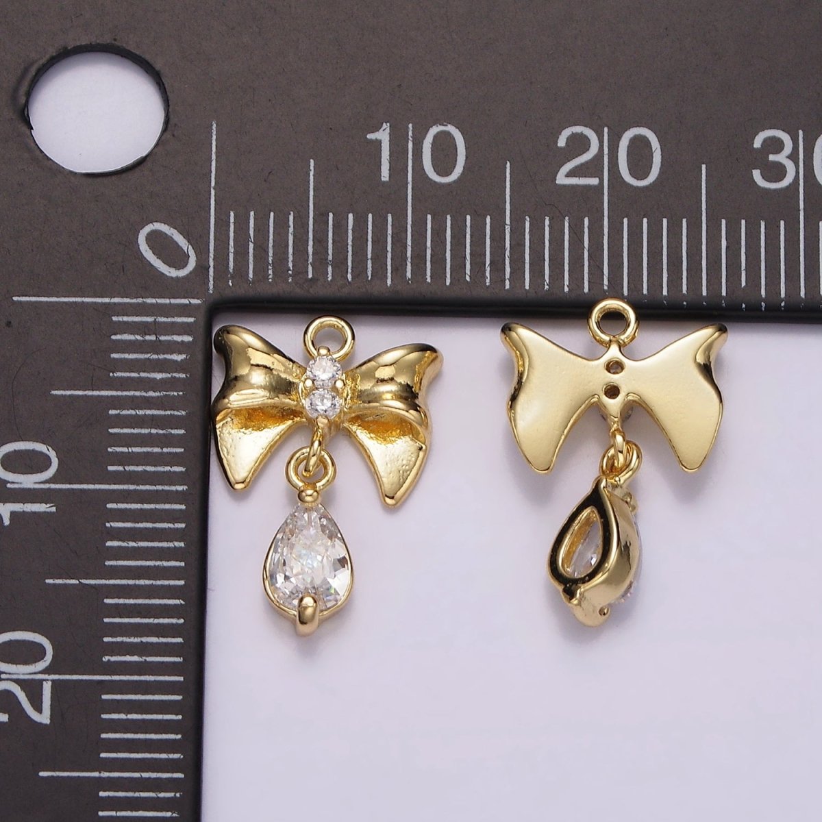 14K Gold Filled Ribbon Bow Clear Teardrop CZ Drop Charm | AG615 - DLUXCA