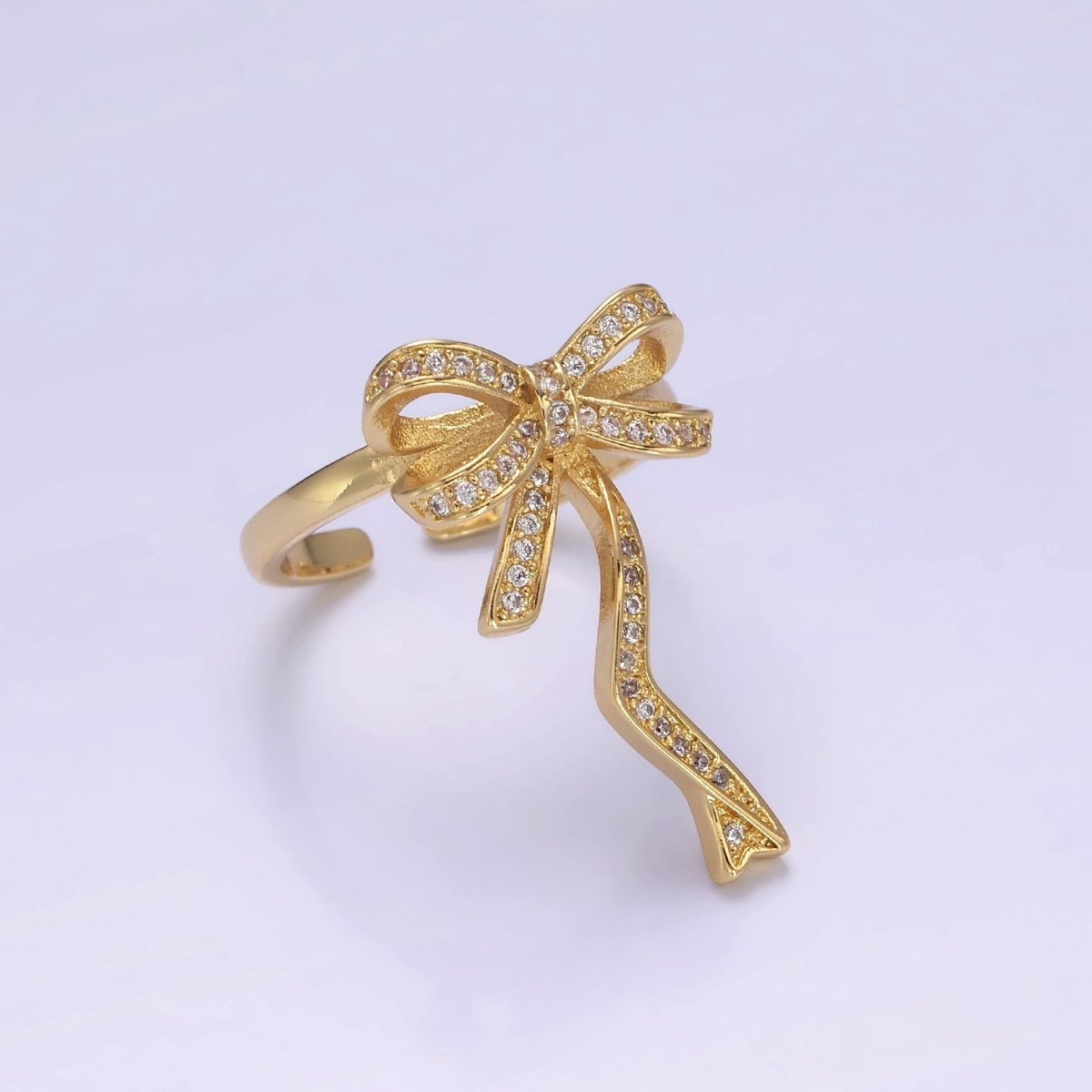 14K Gold Filled Ribbon Bow Micro Paved CZ Adjustable Ring Coquette Girl Jewelry | O1310 - DLUXCA