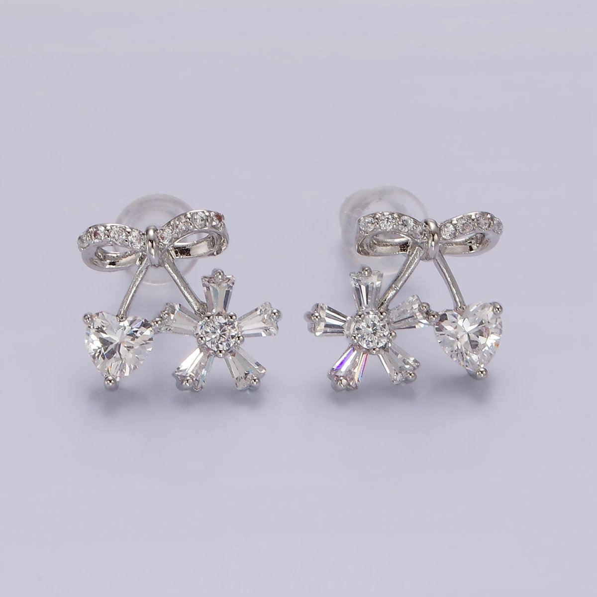 14K Gold Filled Ribbon Micro Paved CZ Heart Flower Stud Earrings in Gold & Silver | V318 V319 - DLUXCA