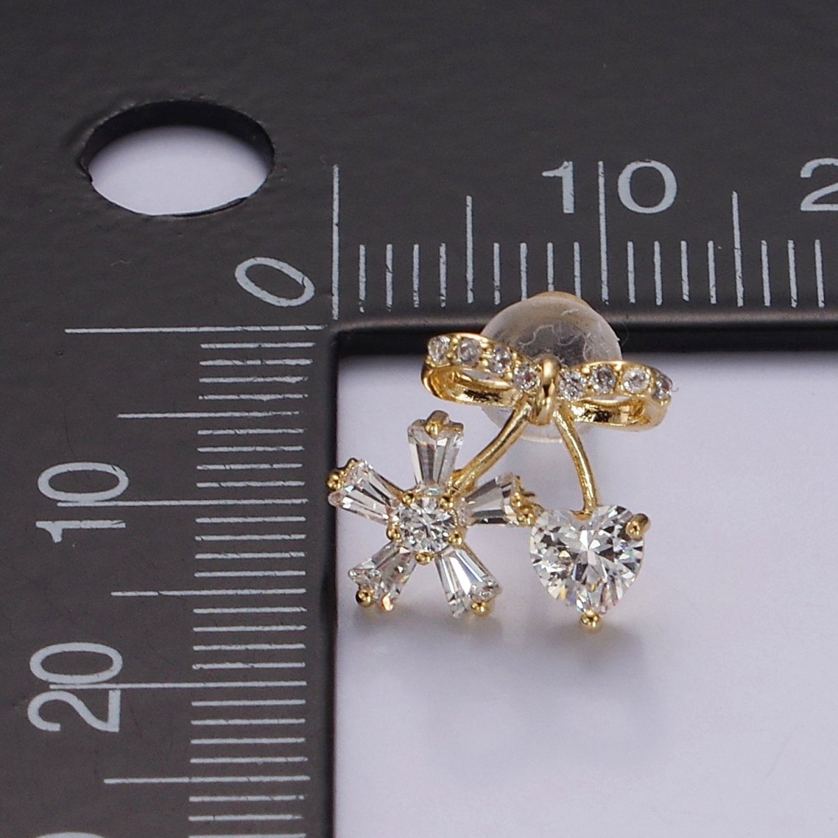 14K Gold Filled Ribbon Micro Paved CZ Heart Flower Stud Earrings in Gold & Silver | V318 V319 - DLUXCA