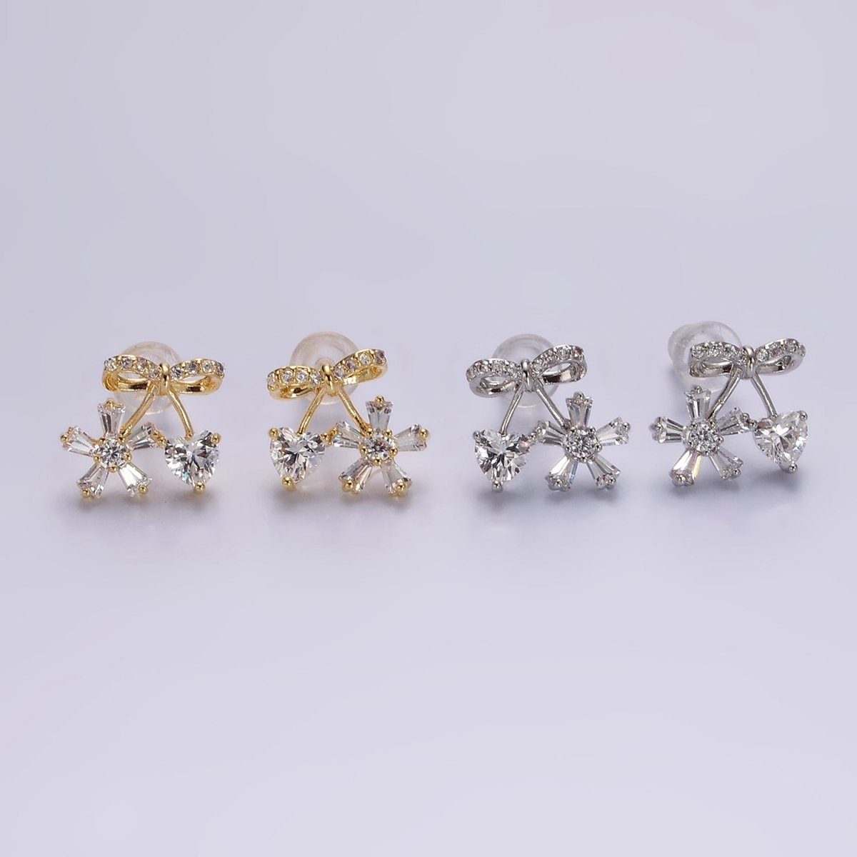 14K Gold Filled Ribbon Micro Paved CZ Heart Flower Stud Earrings in Gold & Silver | V318 V319 - DLUXCA
