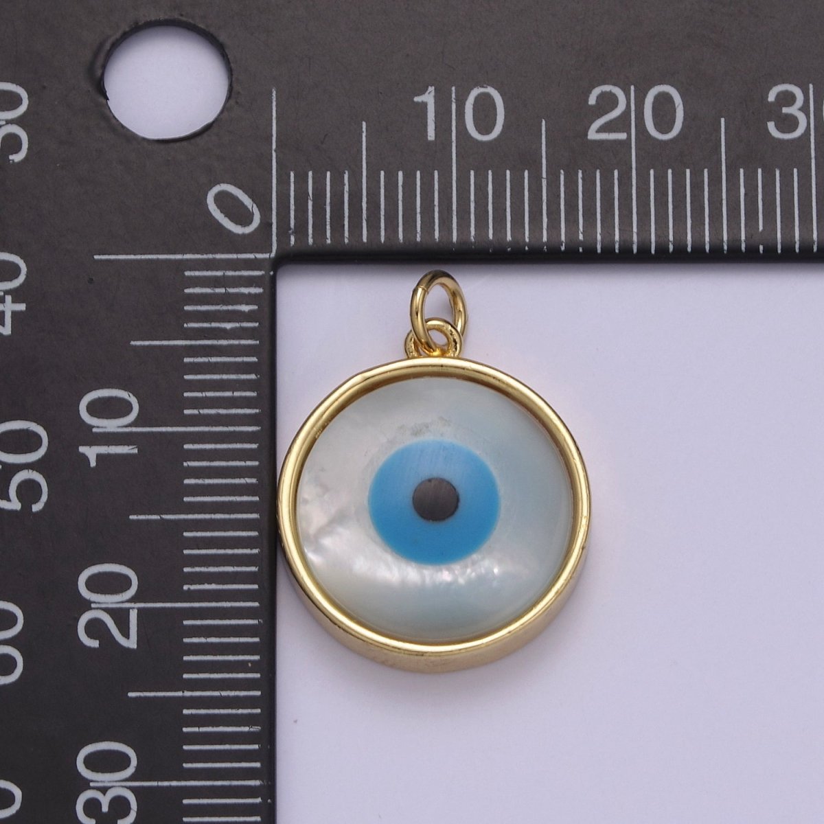 14k Gold Filled Rim Evil Eye Charm Pendant- Gold Round Evil Eye Charm with Natural White Shell Evil Eye N-833 - DLUXCA