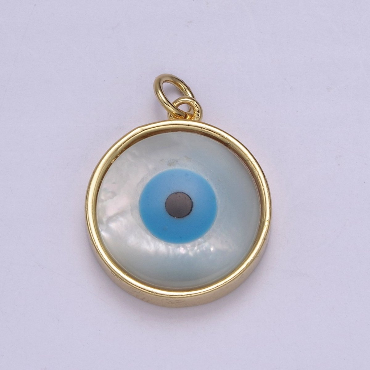 14k Gold Filled Rim Evil Eye Charm Pendant- Gold Round Evil Eye Charm with Natural White Shell Evil Eye N-833 - DLUXCA