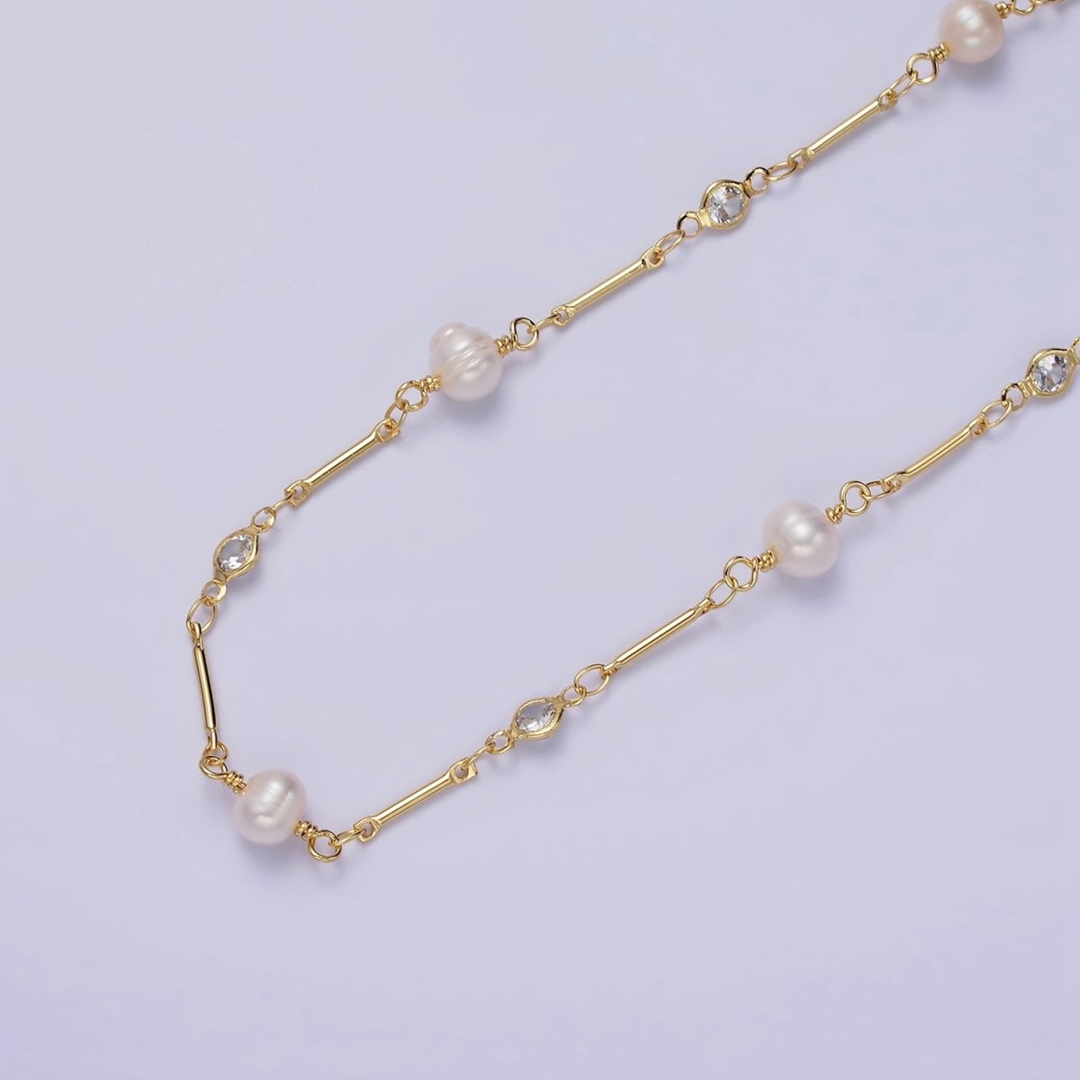 14K Gold Filled Ringed Button White Freshwater Pearl Clear CZ Unfinished Jewelry Making Chain | ROLL-1410 Clearance Pricing - DLUXCA