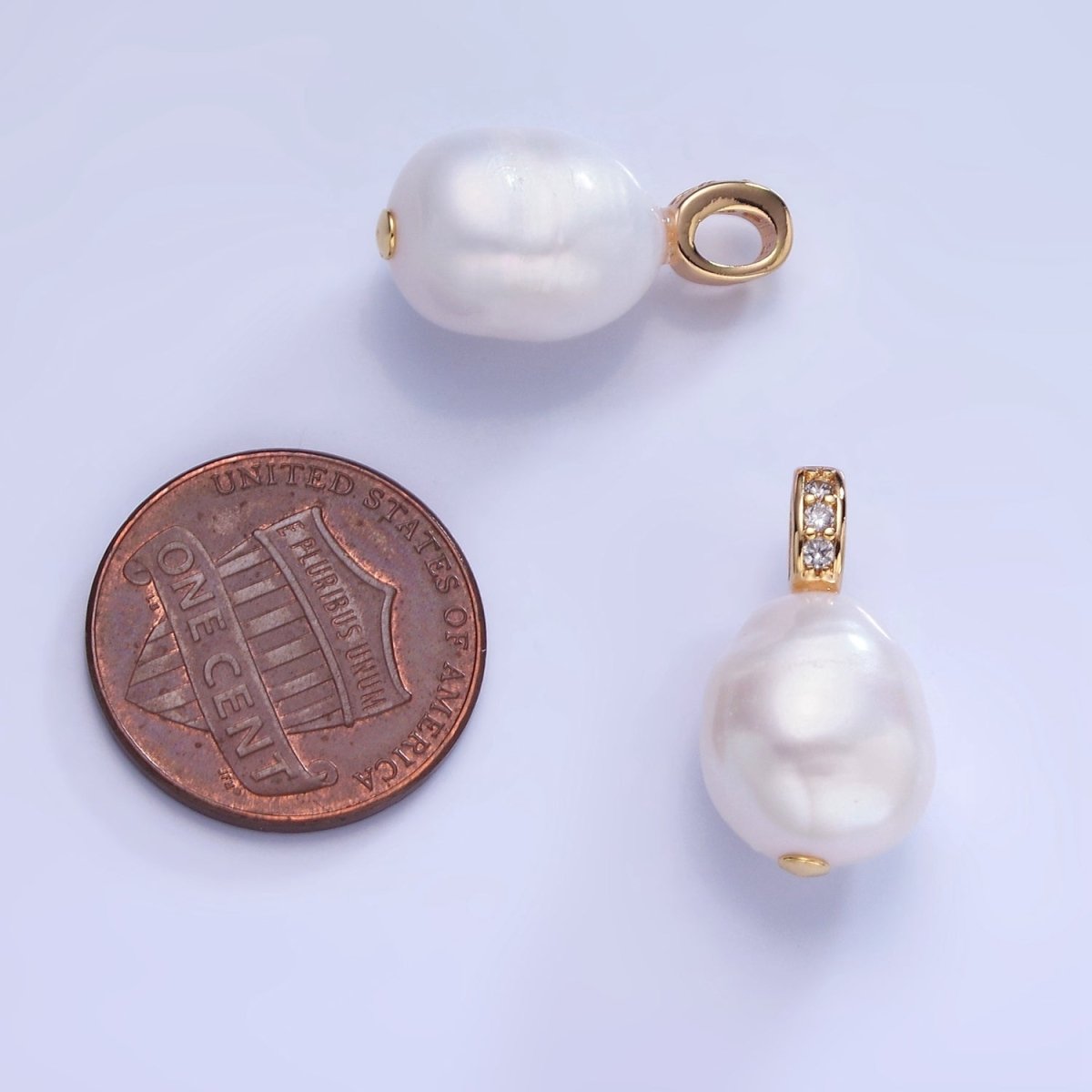 14K Gold Filled Ringed White Freshwater Pearl Micro Paved CZ Bail Pendant | P1735 - DLUXCA