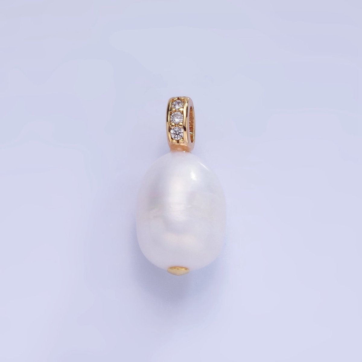 14K Gold Filled Ringed White Freshwater Pearl Micro Paved CZ Bail Pendant | P1735 - DLUXCA