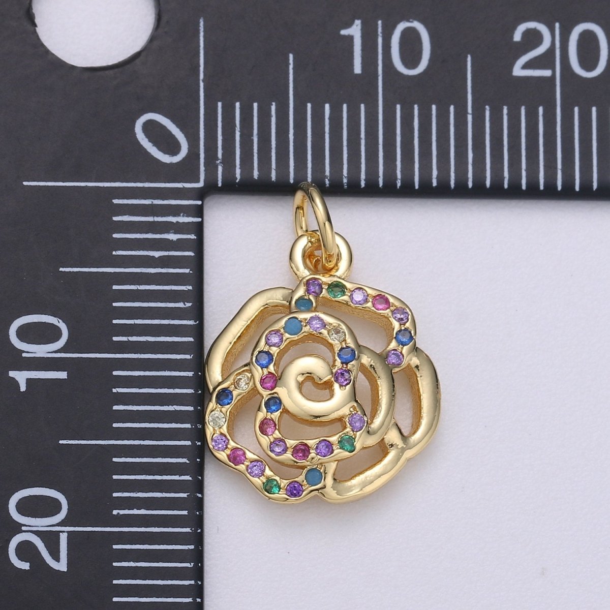 14k Gold Filled Rose Charm Micro Pave Openwork Flower Charm, Rainbow Cubic Charms, CZ Gold Colorful Charm, Dainty Minimalist Jewelry SupplyC-462 - DLUXCA
