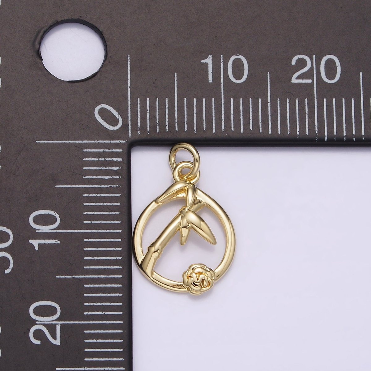 14K Gold Filled Rose Flower Bamboo Plant Nature Open Round Frame Charm | AG219 - DLUXCA