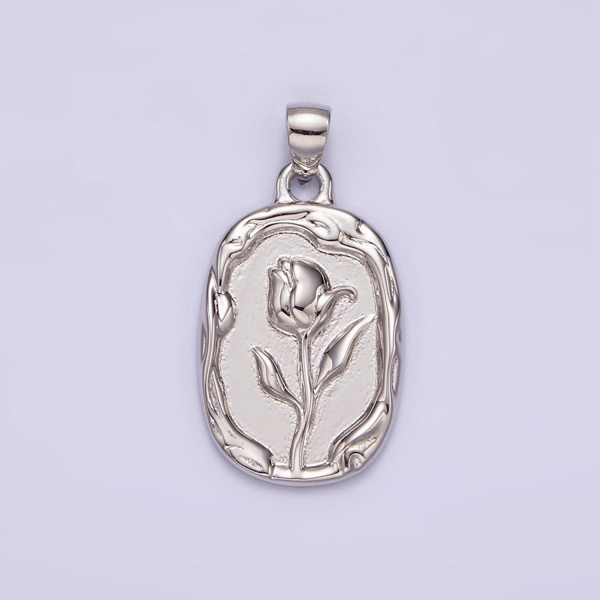 14K Gold Filled Rose Flower Molten Stamped Oval Pendant in Gold & Silver | N1787 N1788 - DLUXCA