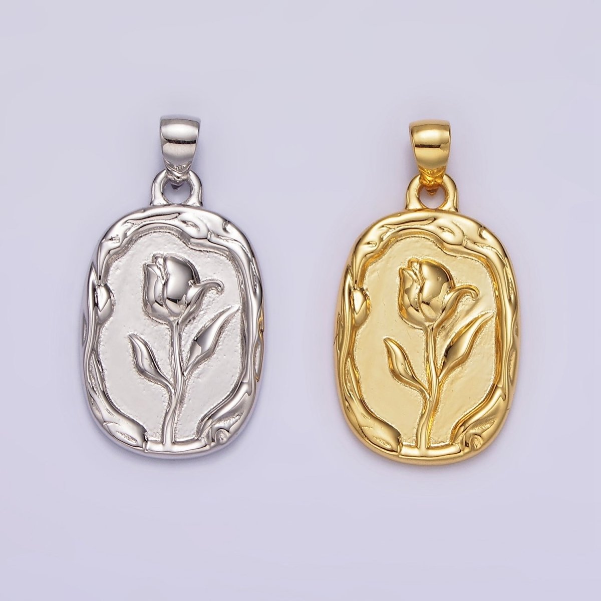 14K Gold Filled Rose Flower Molten Stamped Oval Pendant in Gold & Silver | N1787 N1788 - DLUXCA