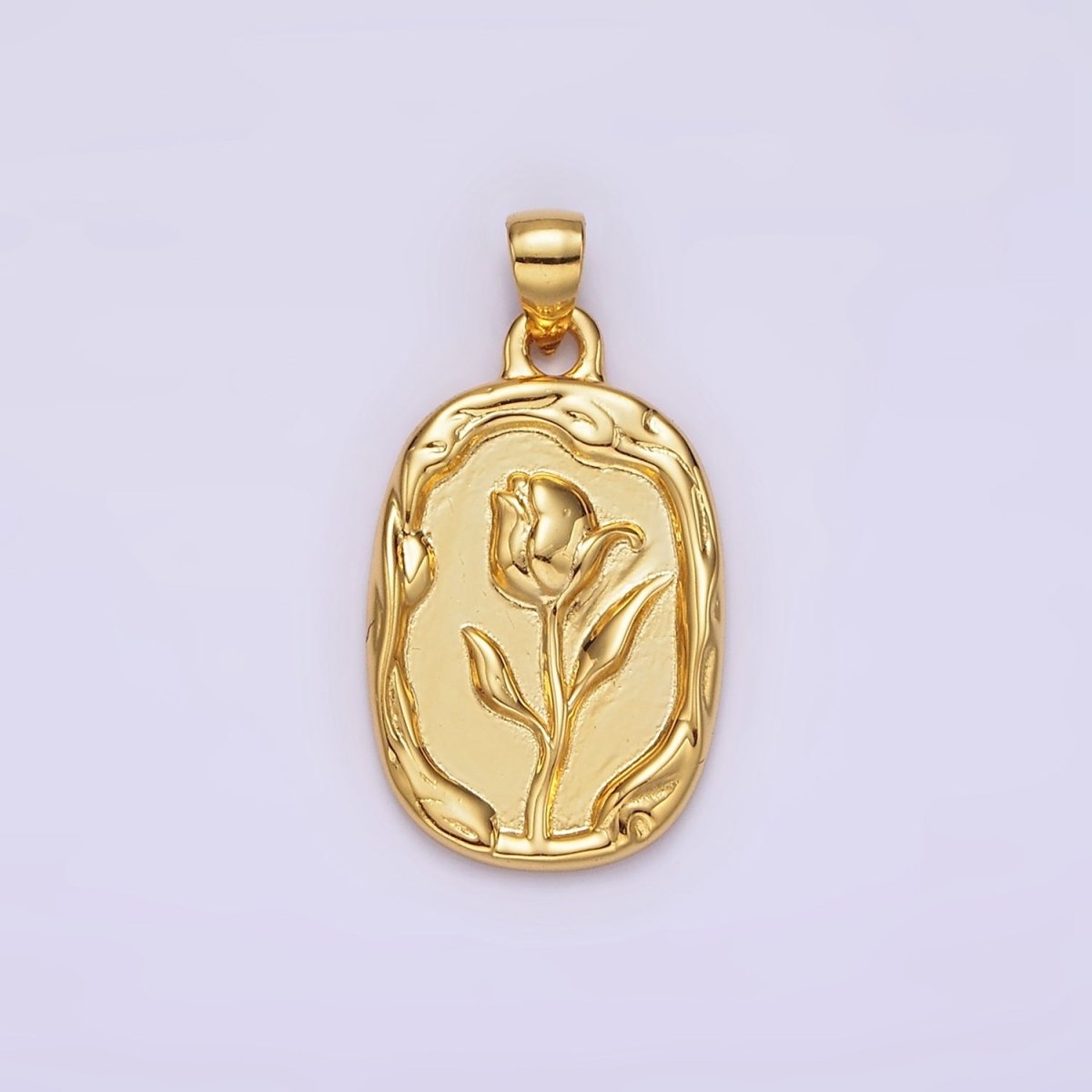 14K Gold Filled Rose Flower Molten Stamped Oval Pendant in Gold & Silver | N1787 N1788 - DLUXCA