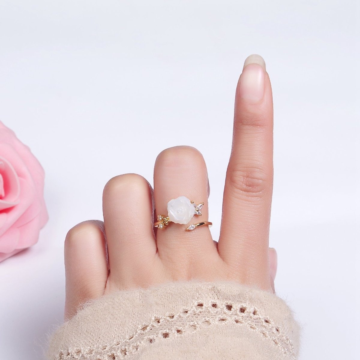 14K Gold Filled Rose Flower Shell Pearl Marquise CZ Leaf Ring | O1315 - DLUXCA
