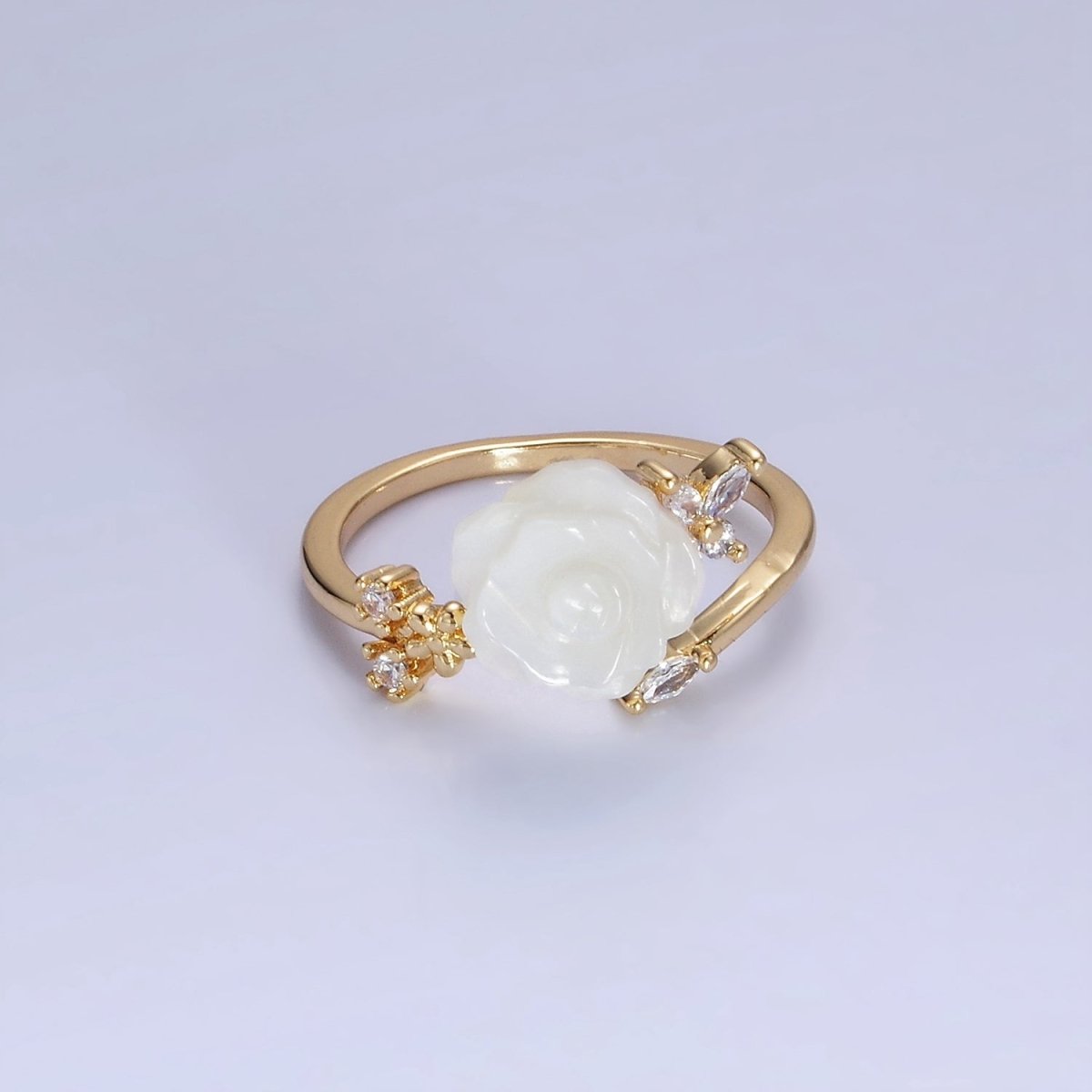 14K Gold Filled Rose Flower Shell Pearl Marquise CZ Leaf Ring | O1315 - DLUXCA
