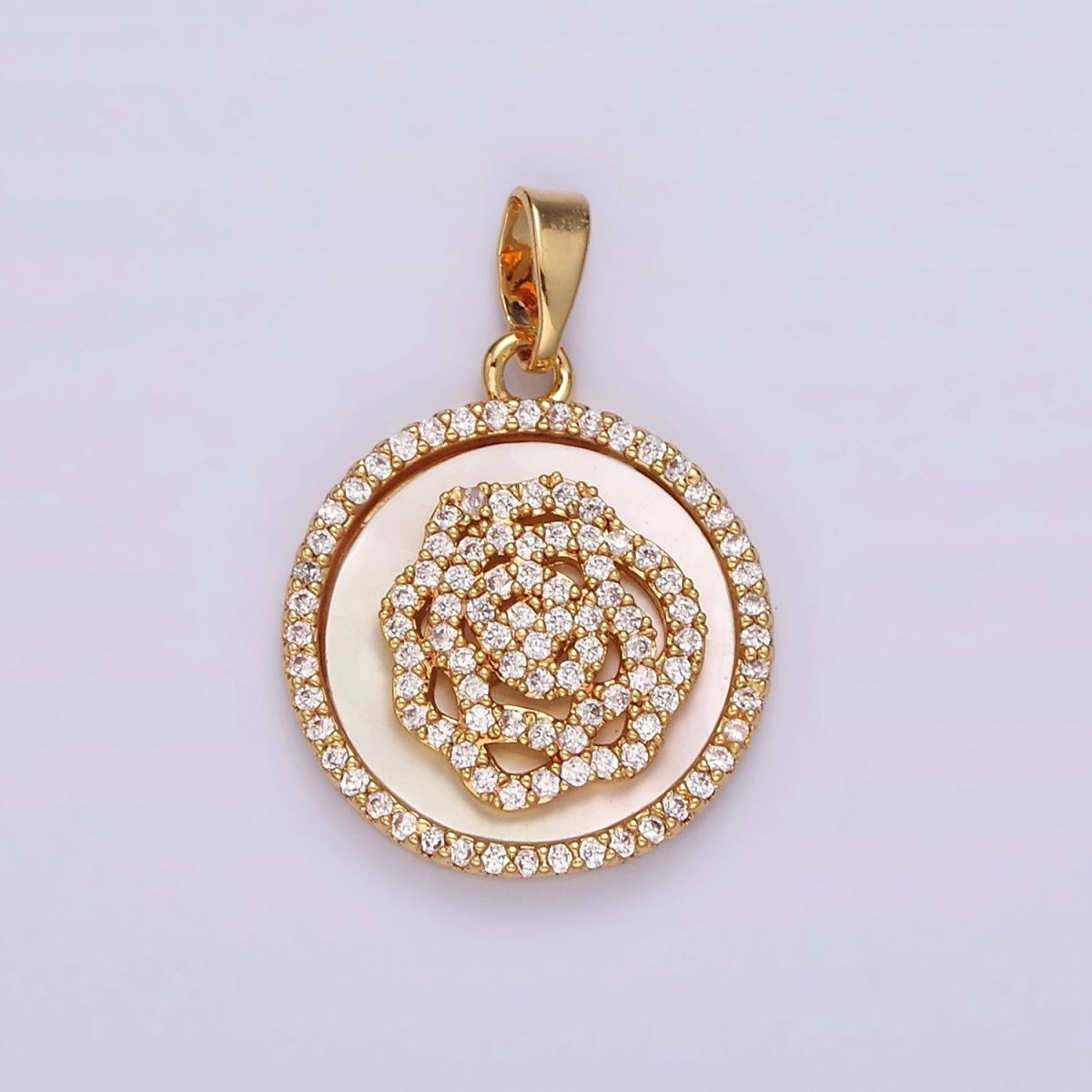 14K Gold Filled Rose Flower Shell Pearl Micro Paved CZ Round Pendant | AH053 - DLUXCA