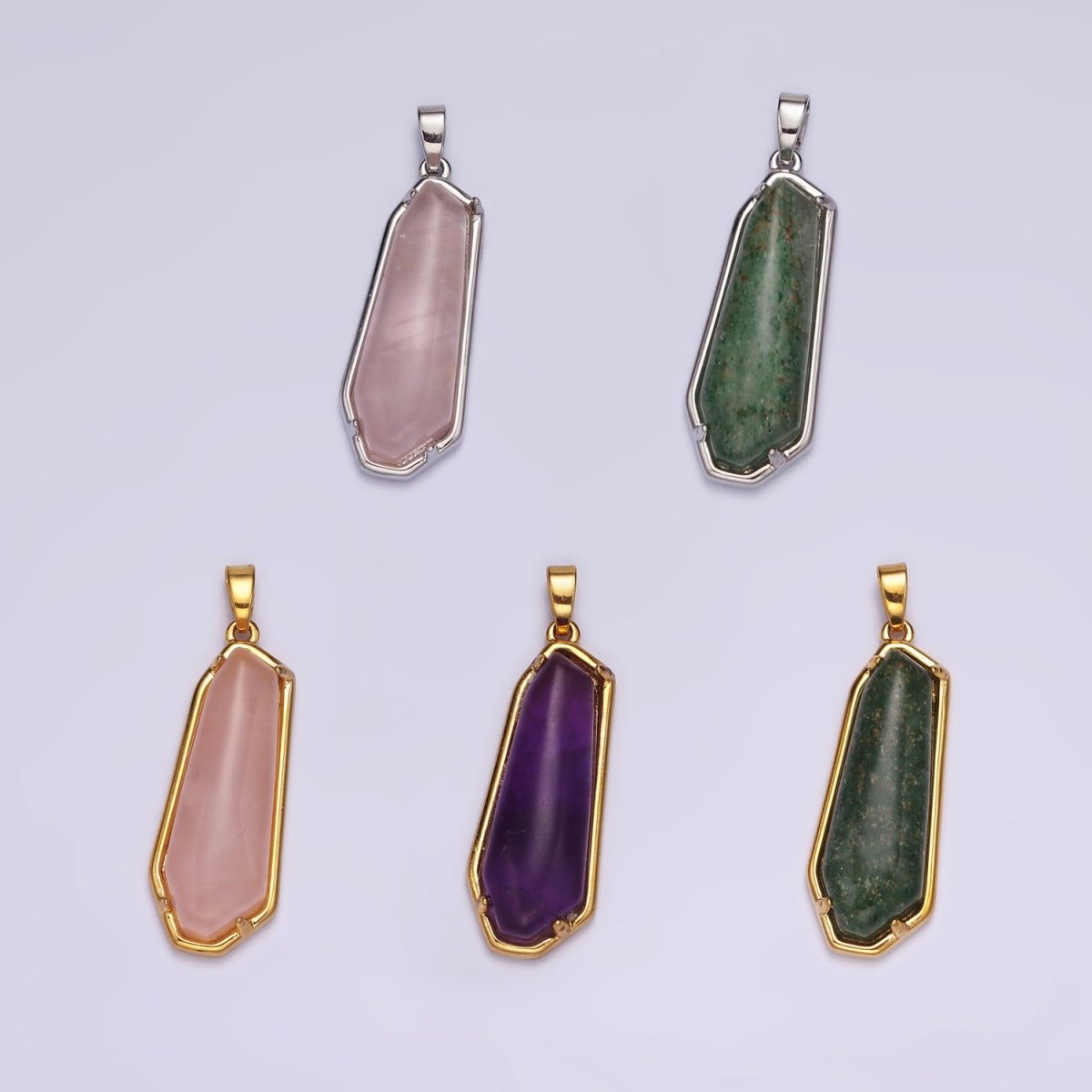 14K Gold Filled Rose Quartz, Aventurine, Amethyst Geometric Bezel Pendant in Gold & Silver | N2030 - N2034 - DLUXCA