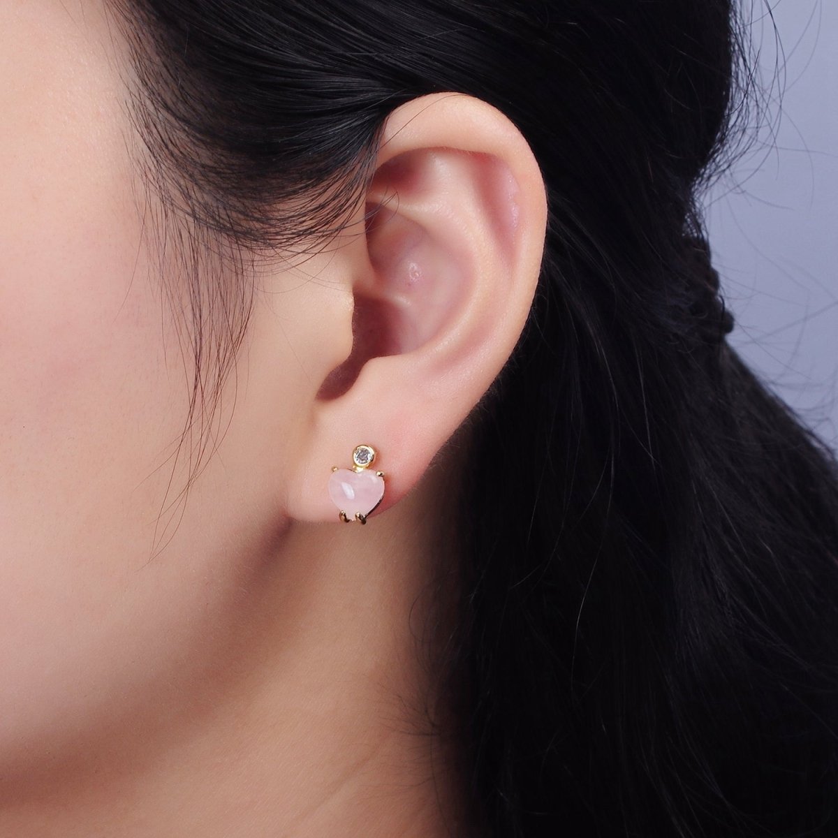 14K Gold Filled Rose Quartz Heart Clear CZ Drop Stud Earrings | AE985 - DLUXCA