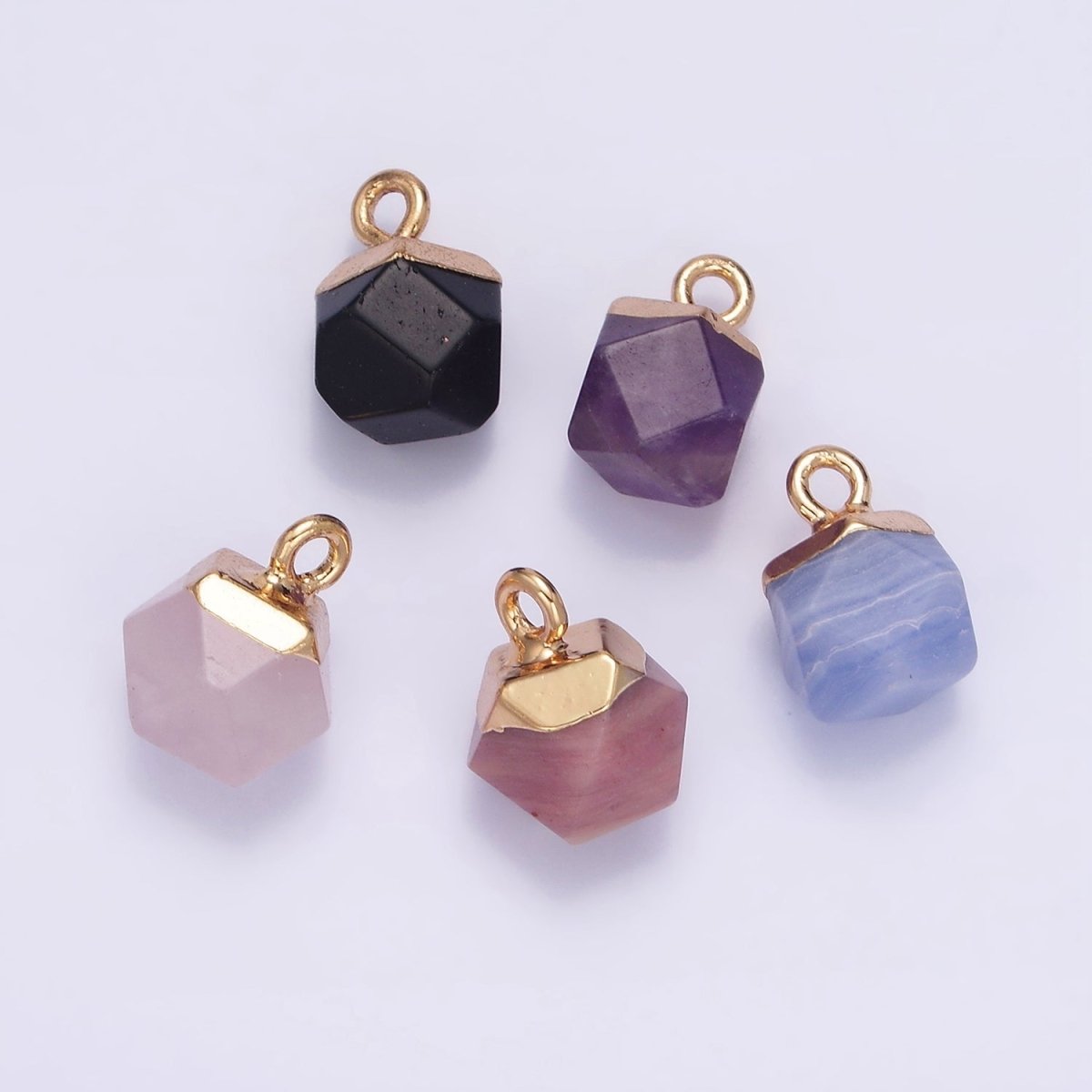 14K Gold Filled Rose Quartz, Onyx, Blue Lace Agate, Rhodonite, Amethyst Multifaceted Round Charm | N1713 - N1717 - DLUXCA