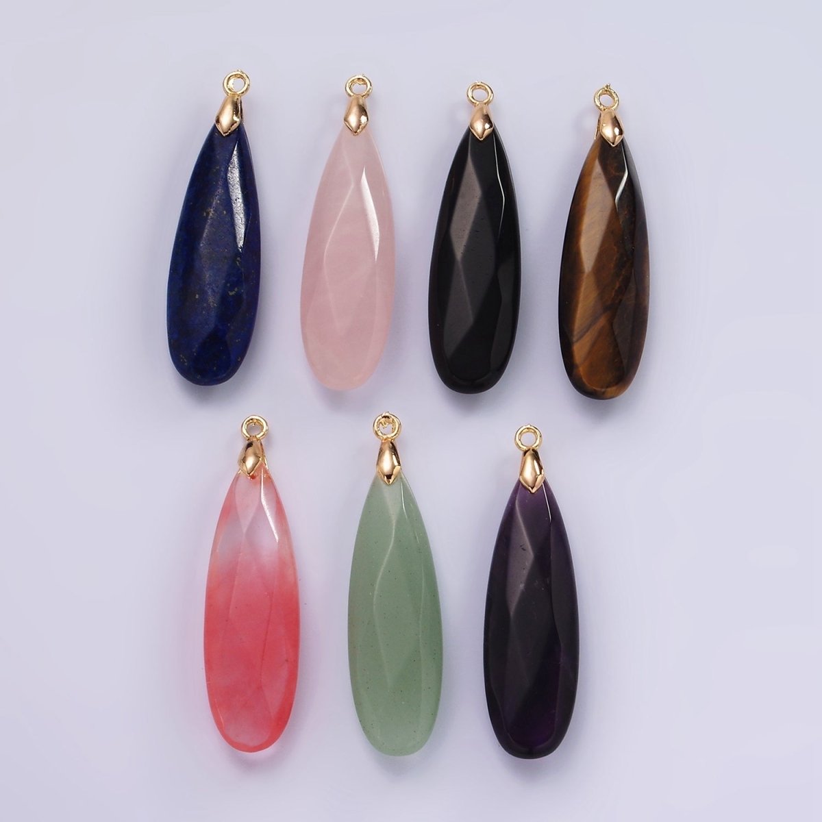 14K Gold Filled Rose Quartz, Tourmaline, Aventurine, Lapis Lazuli, Tiger Eye, Amethyst, Onyx Teardrop Multifaceted Charm | AG471 - AG477 - DLUXCA