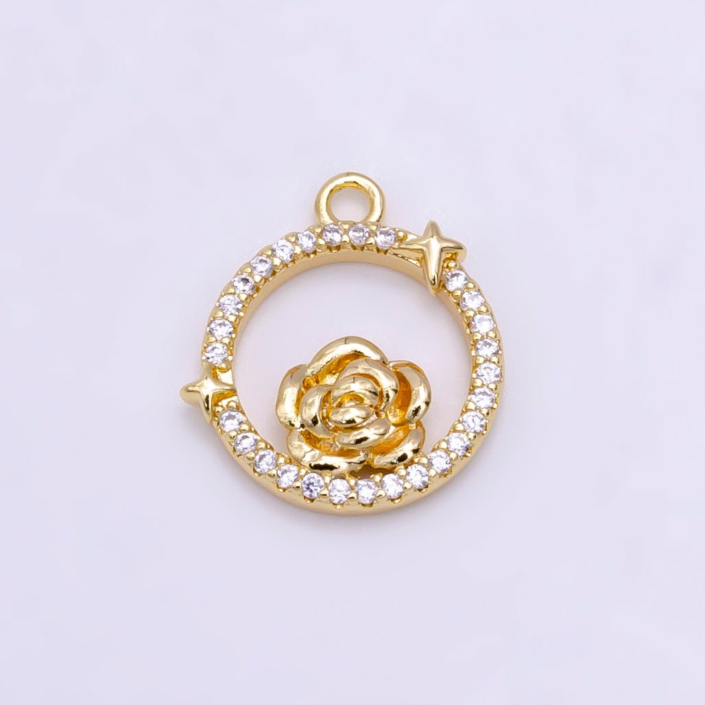 14K Gold Filled Rose Star Open Micro Paved Round Charm in Gold & Silver | W469 W470 - DLUXCA