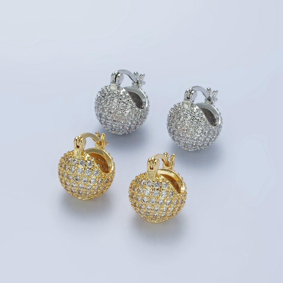 14K Gold Filled Round Ball CZ Micro Paved Dome Latch Earrings in Gold & Silver | V491 V492 - DLUXCA